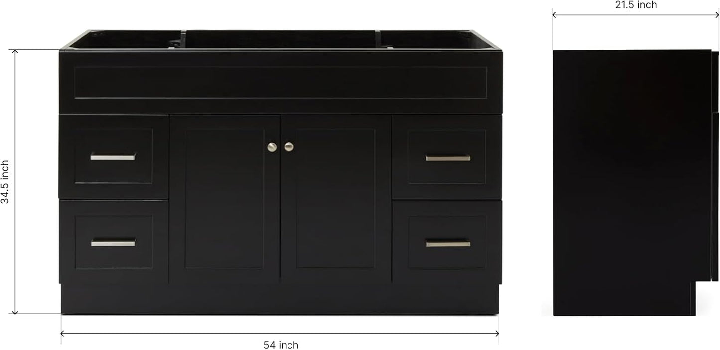 DKB Bradford Series 54" Inch Bathroom Base Cabinet in Black, Center Sink Configuration, Built in Toe Kick, 2 Soft Closing Doors, 4 Full Extension Dovetail Drawers
