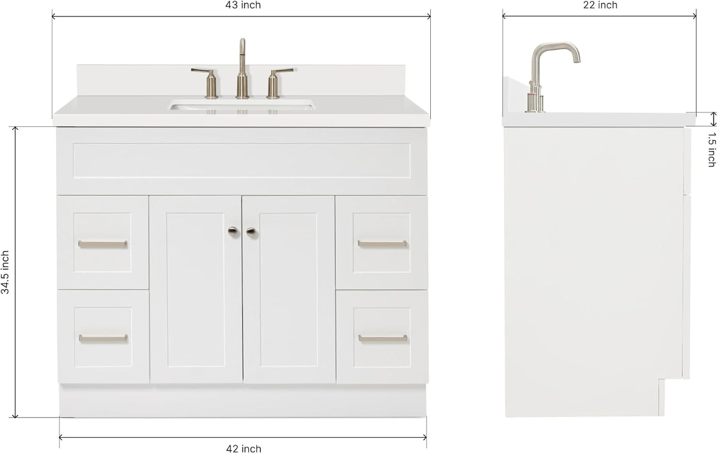 ARIEL Hamlet 43 Inch Single Sink Bathroom Vanity in White, 1.5" Edge Quartz Top, Solid Wood, Rectangular Sink, 2 Soft Closing Doors, 4 Full Extension Dovetail Drawers, Toe Kick