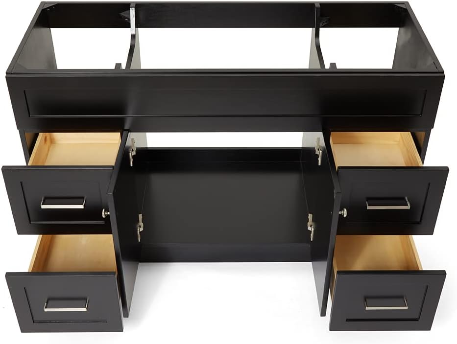 DKB Bradford Series 54" Inch Bathroom Base Cabinet in Black, Center Sink Configuration, Built in Toe Kick, 2 Soft Closing Doors, 4 Full Extension Dovetail Drawers