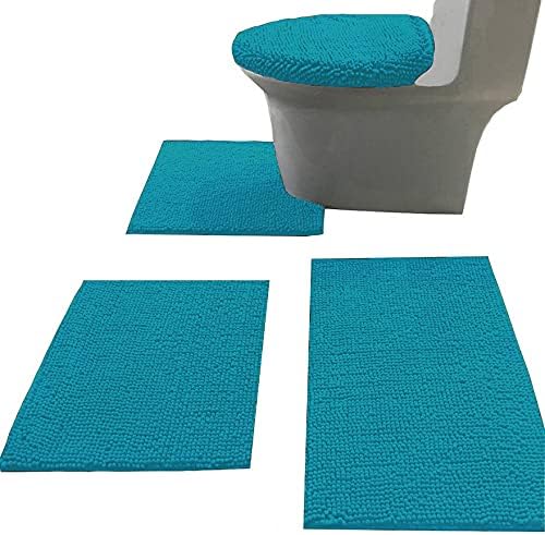 Madeals Bath Rug Set Combo 4 Piece with Toilet Lid Cover, Soft Shaggy Bath Rug Set 3 Piece and U-Shaped Toilet Floor Rug Navy Blue