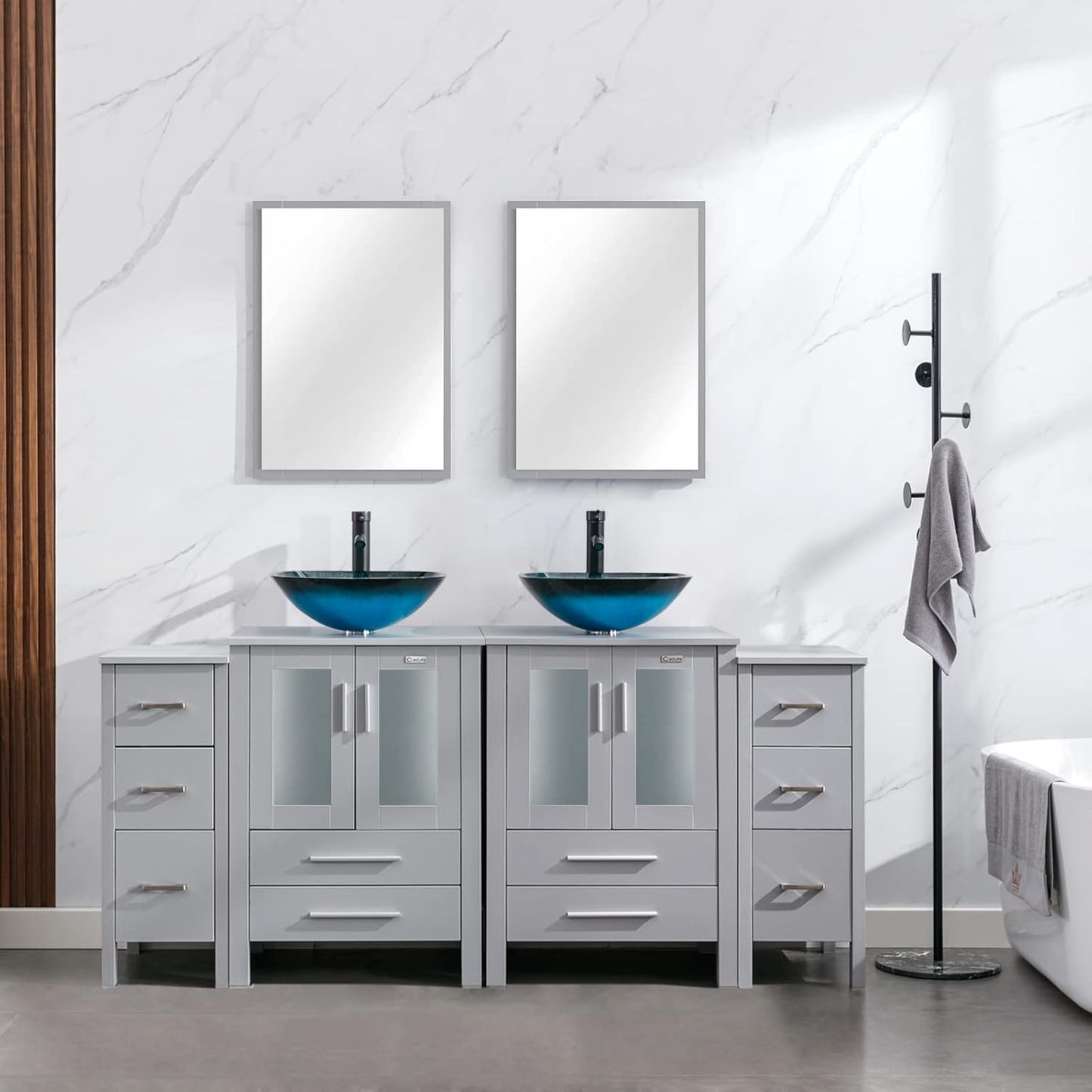 eclife 72" Modern Bathroom Vanity Sink Combo Freestanding Cabinet with Small Side Cabinet, Blue Boat Glass Vessel Sink, Water Save Faucet, Drain (Black+A29BU)