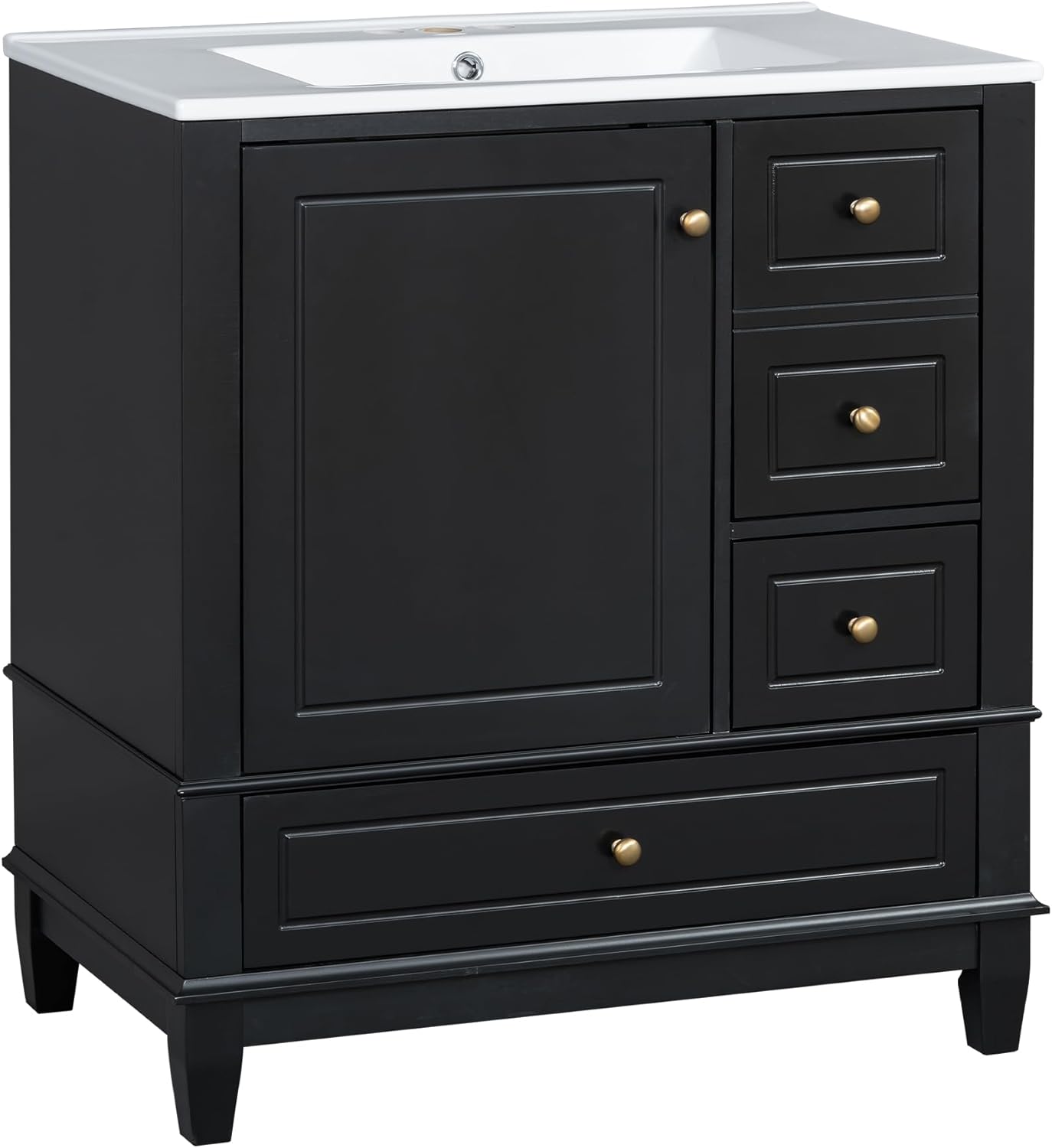 30" Bathroom Vanities with Ceramic Sink, Storage Cabinet with 3 Drawers and Door Shelf, Soft-Closing Door, Solid Wood Legs, Black