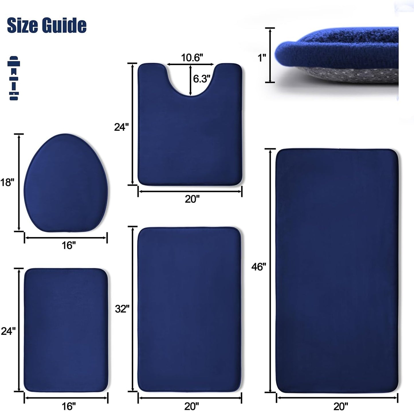 YIHOUSE Bathroom Rug Set 5 Piece, Memory Foam Bath Mat Set, Super Absorbent Bath Mats for Floor - Non-Slip & Washable Bathroom Rugs - Dry Quickly Bath Rugs, Dark Blue