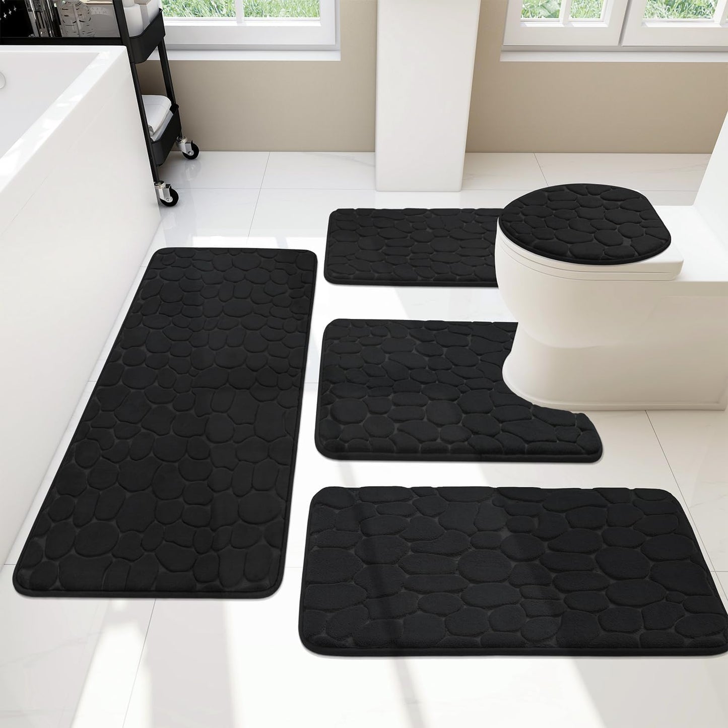 YIHOUSE Bathroom Rugs Set, 5 Piece Cobblestone Memory Foam Mats, Extra Thick Non Slip, Water Absorbent, Washable Teal Bath Rugs for Tub, Toilet and Floor