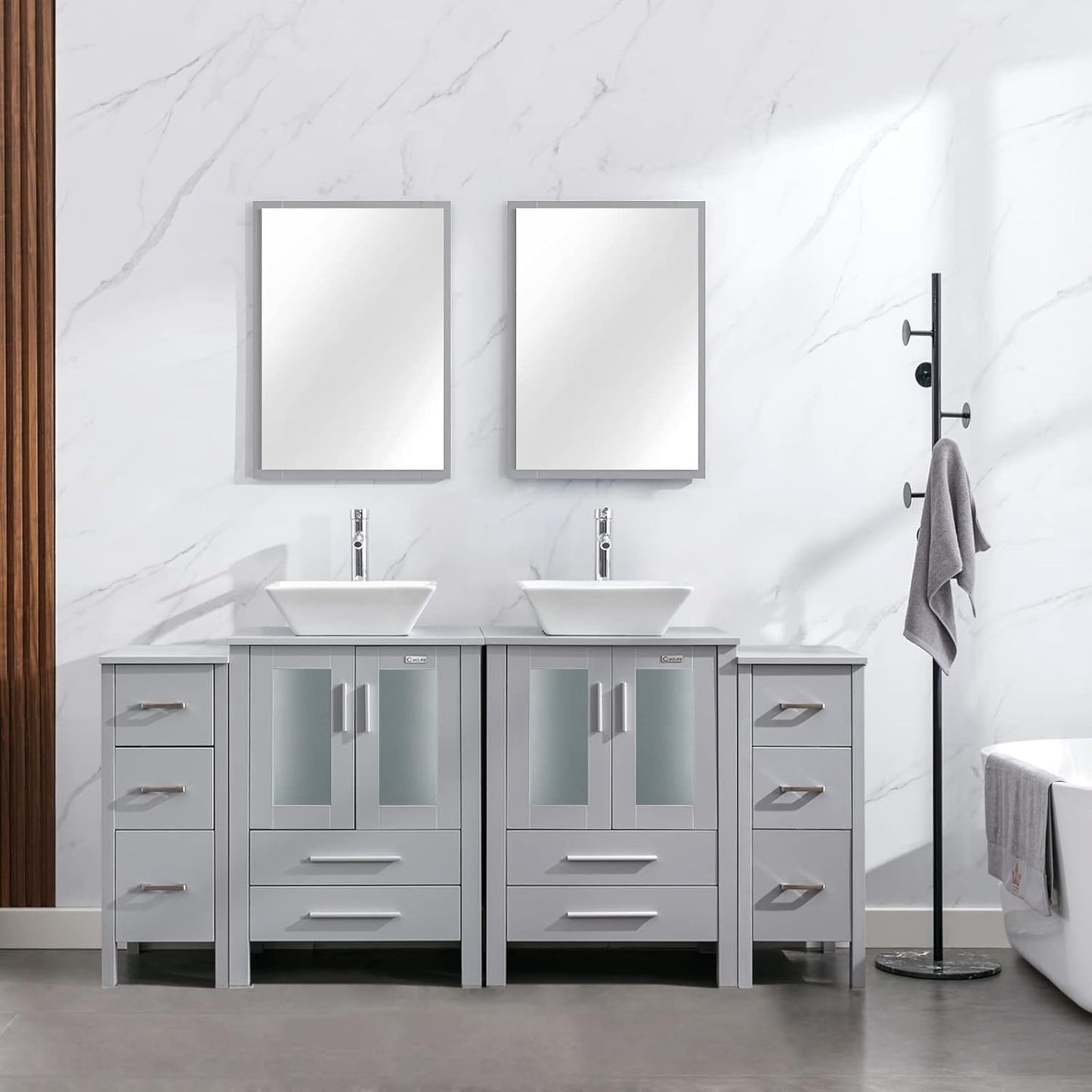 eclife 72" Modern Bathroom Vanity Sink Combo Freestanding Cabinet with Small Side Cabinet, Blue Boat Glass Vessel Sink, Water Save Faucet, Drain (Black+A29BU)