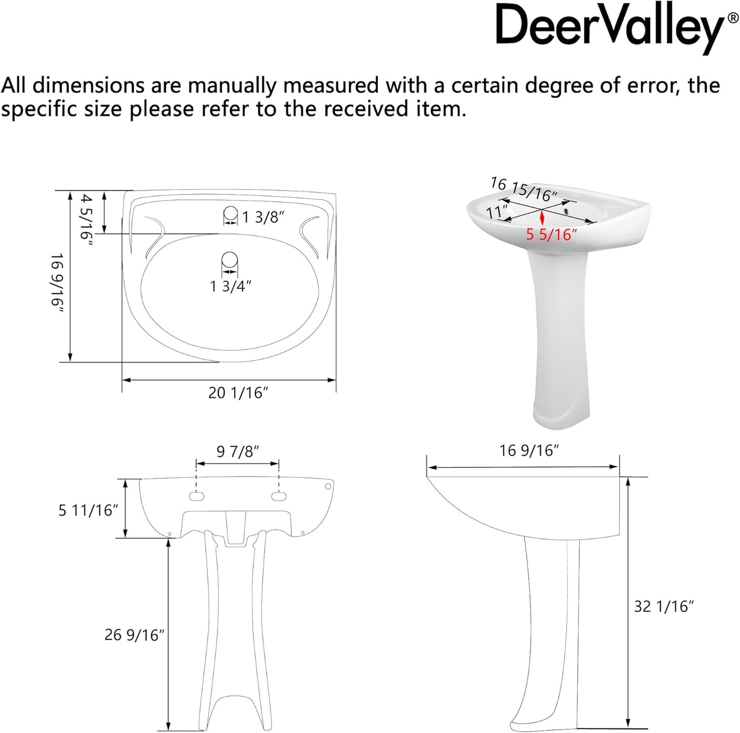 DeerValley DV-1P525 Ally 20" X 17" Modern U-Shape White Ceramic Pedestal Bathroom Sink With Overflow