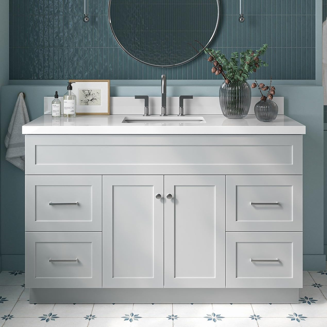 ARIEL Hamlet 43 Inch Single Sink Bathroom Vanity in White, 1.5" Edge Quartz Top, Solid Wood, Rectangular Sink, 2 Soft Closing Doors, 4 Full Extension Dovetail Drawers, Toe Kick