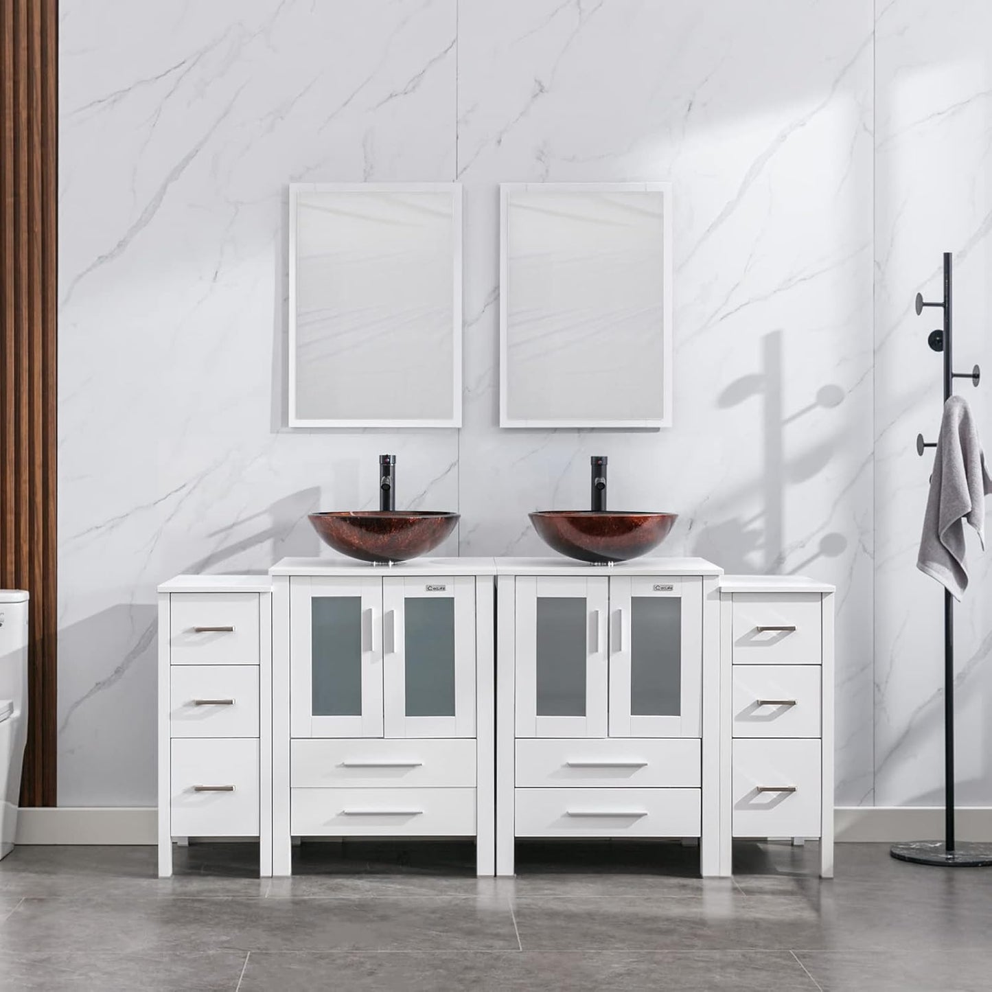 eclife 72" Modern Bathroom Vanity Sink Combo Freestanding Cabinet with Small Side Cabinet, Blue Boat Glass Vessel Sink, Water Save Faucet, Drain (Black+A29BU)