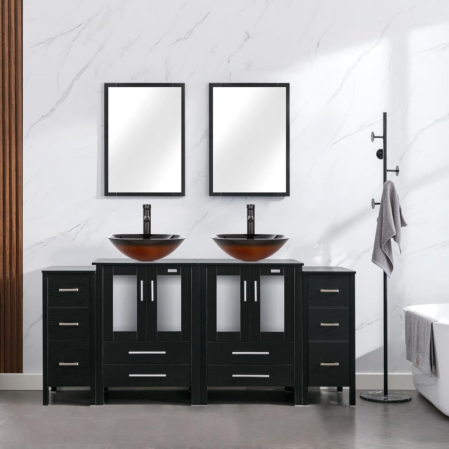eclife 72" Modern Bathroom Vanity Sink Combo Freestanding Cabinet with Small Side Cabinet, Blue Boat Glass Vessel Sink, Water Save Faucet, Drain (Black+A29BU)