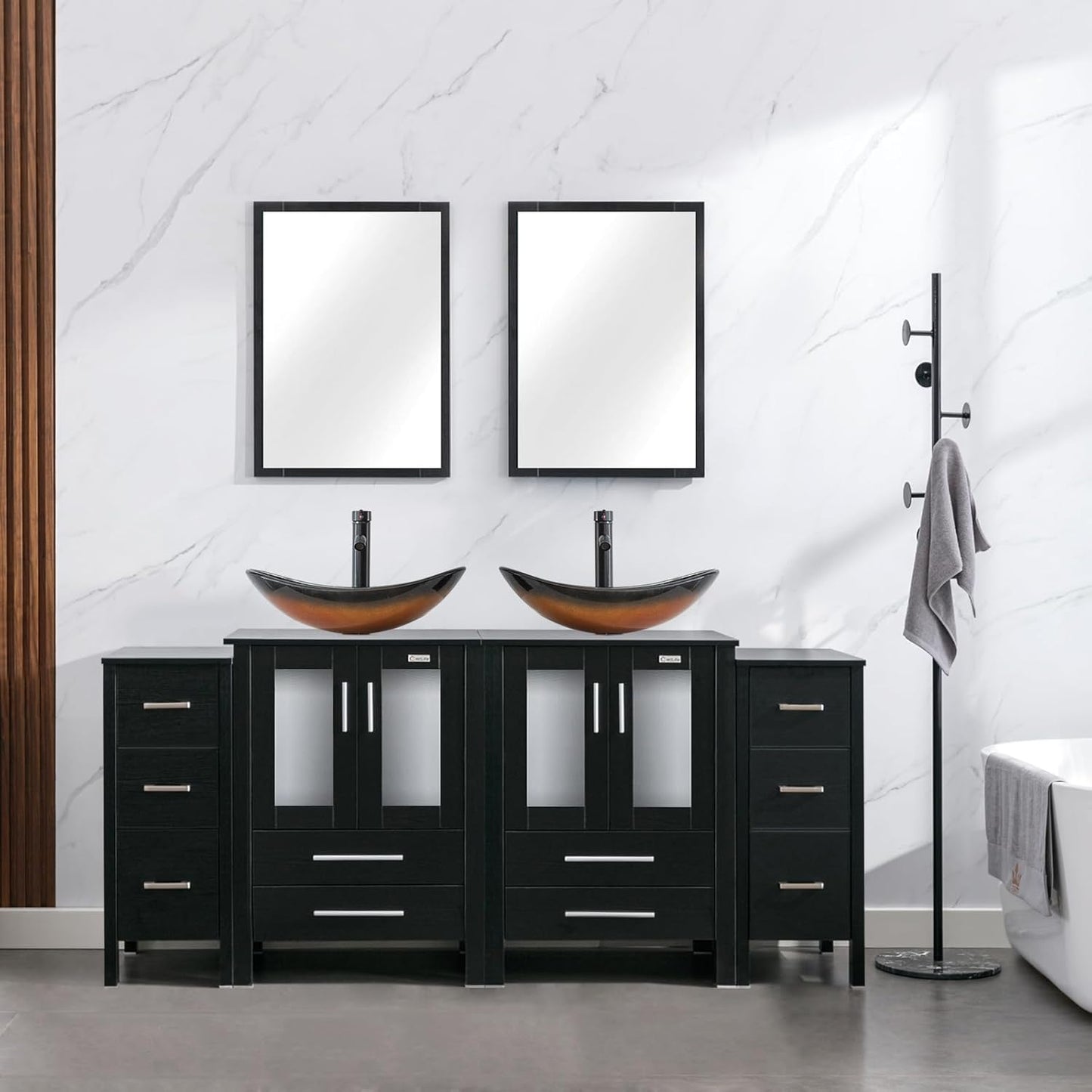 eclife 72" Modern Bathroom Vanity Sink Combo Freestanding Cabinet with Small Side Cabinet, Blue Boat Glass Vessel Sink, Water Save Faucet, Drain (Black+A29BU)