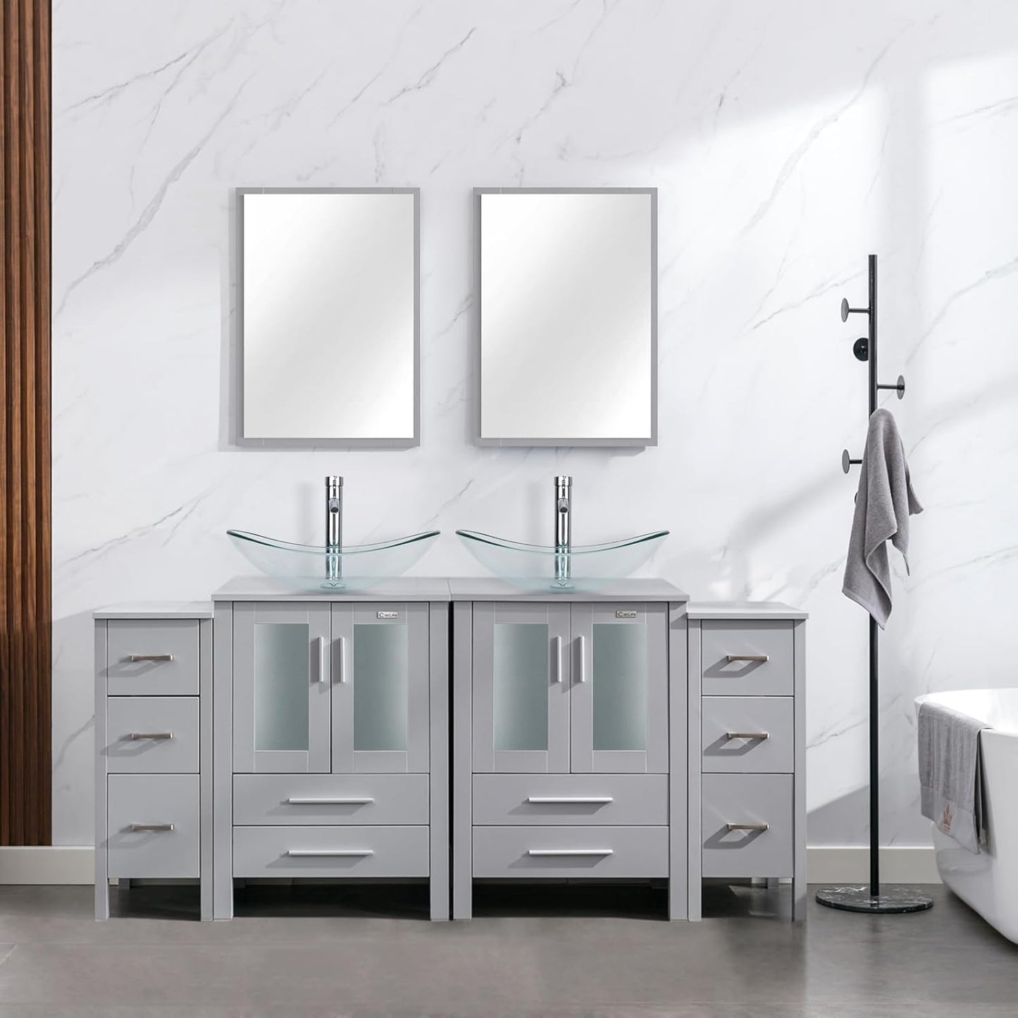 eclife 72" Modern Bathroom Vanity Sink Combo Freestanding Cabinet with Small Side Cabinet, Blue Boat Glass Vessel Sink, Water Save Faucet, Drain (Black+A29BU)