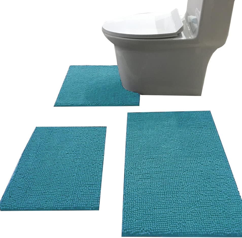 Madeals Bath Rug Set Combo 4 Piece with Toilet Lid Cover, Soft Shaggy Bath Rug Set 3 Piece and U-Shaped Toilet Floor Rug Navy Blue
