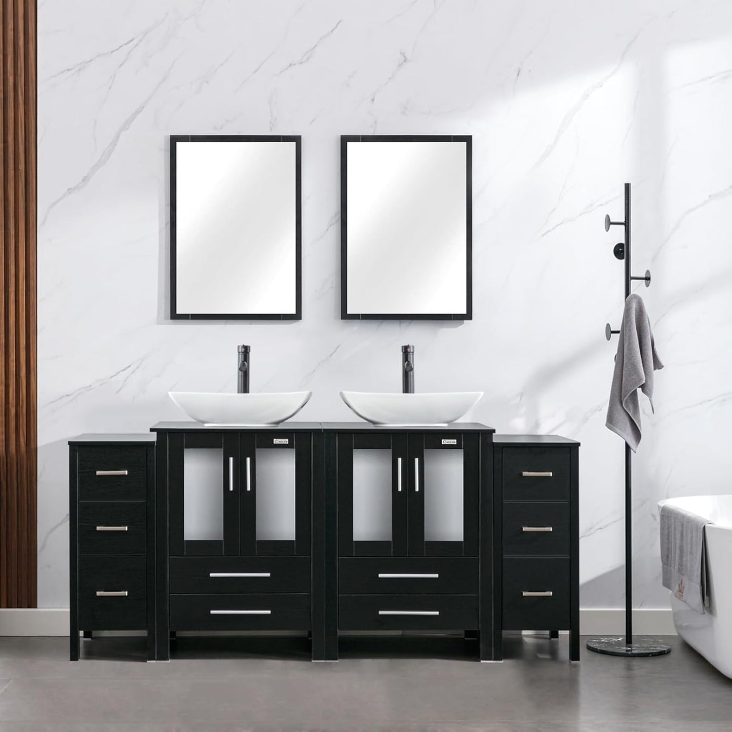 eclife 72" Modern Bathroom Vanity Sink Combo Freestanding Cabinet with Small Side Cabinet, Blue Boat Glass Vessel Sink, Water Save Faucet, Drain (Black+A29BU)