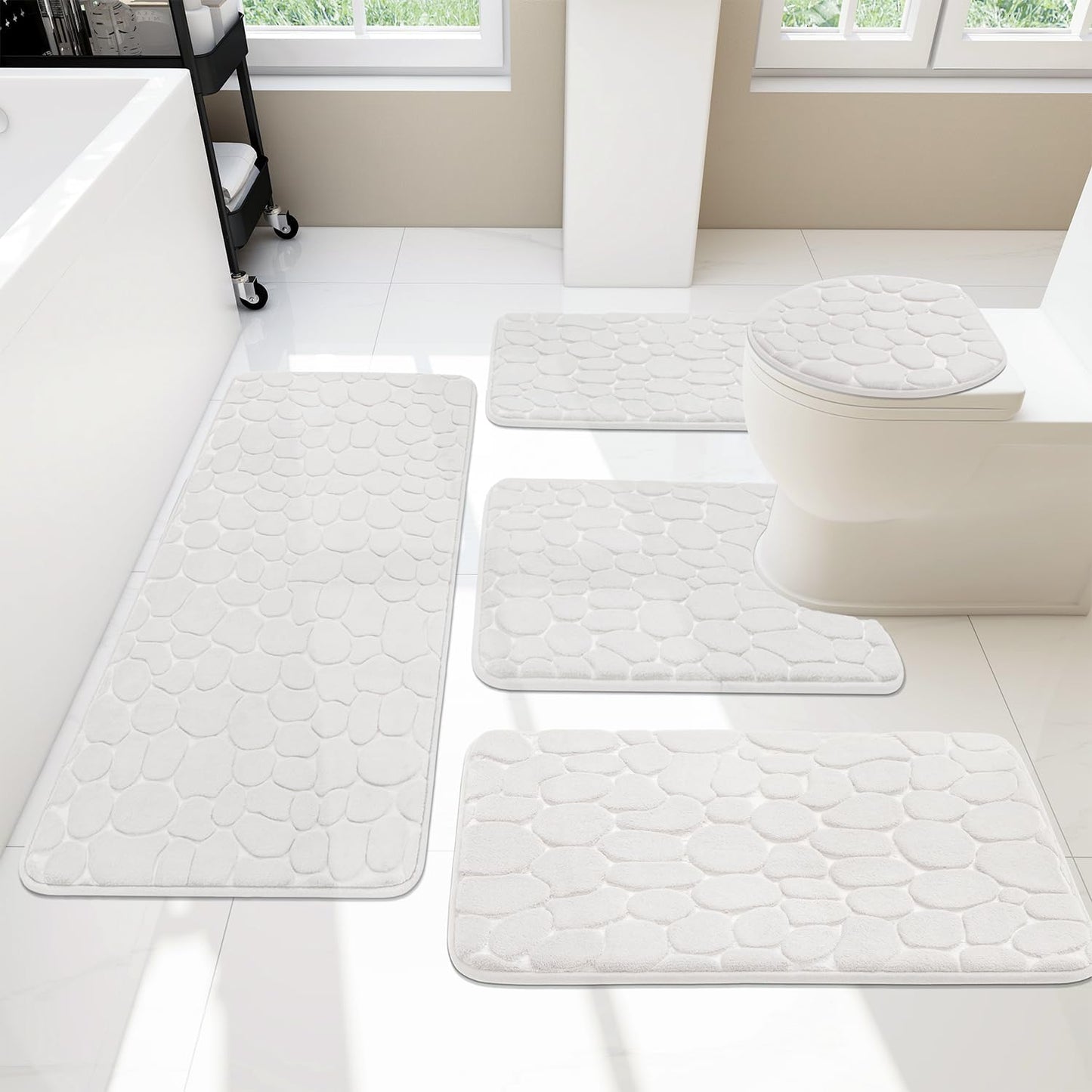 YIHOUSE Bathroom Rugs Set, 5 Piece Cobblestone Memory Foam Mats, Extra Thick Non Slip, Water Absorbent, Washable Teal Bath Rugs for Tub, Toilet and Floor