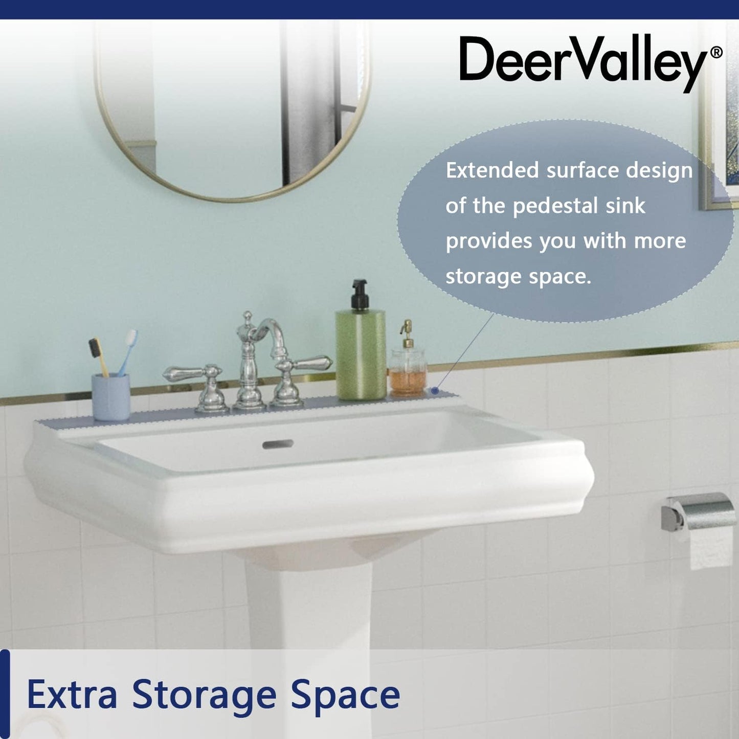 DeerValley 26"L X 20"W Rectangular Pedestal Sink, Apex White Ceramic Pedestal Bathroom Sink with 3 Faucet Holes at 4" Faucet Centers, with Overflow,DV-1P521