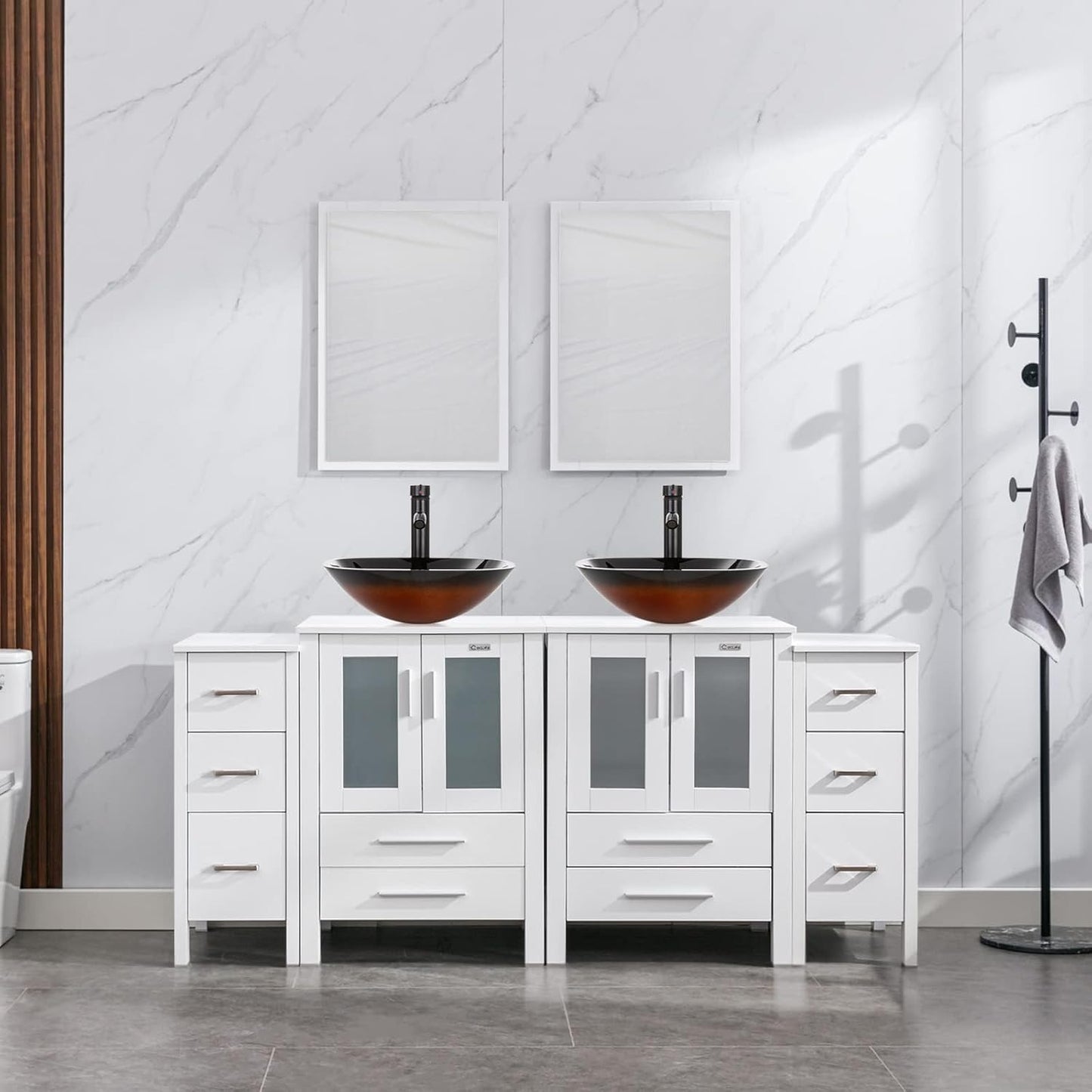 eclife 72" Modern Bathroom Vanity Sink Combo Freestanding Cabinet with Small Side Cabinet, Blue Boat Glass Vessel Sink, Water Save Faucet, Drain (Black+A29BU)