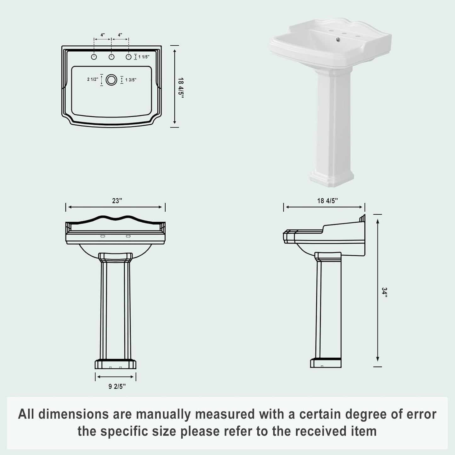 Bathroom Pedestal Sinks,Pedestal Sink 23" W X 19" D Vintage White Ceramic Pedestal Bathroom Sink With Overflow and 3 Pre-Drilled Holes - Fits 8-Inch Faucets