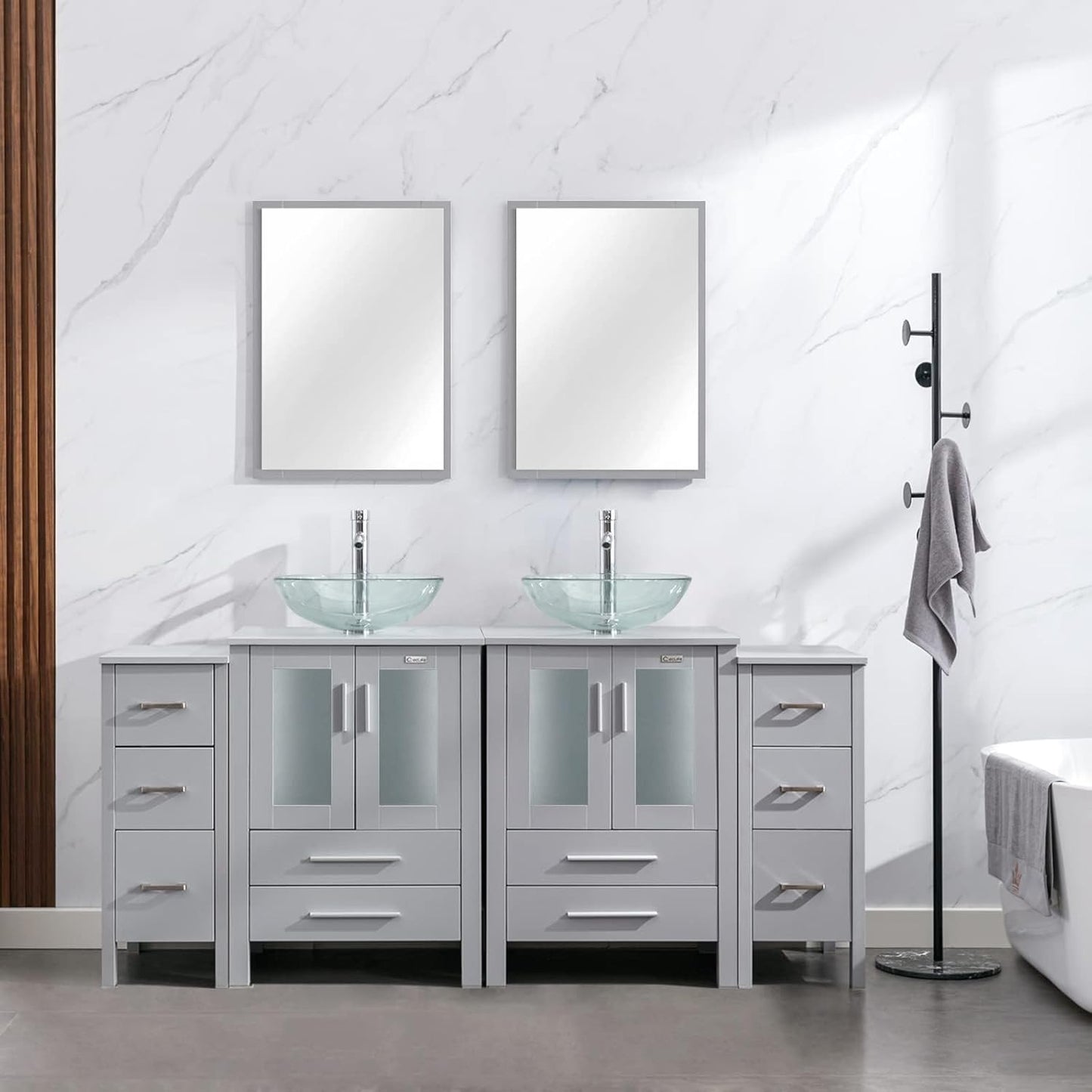 eclife 72" Modern Bathroom Vanity Sink Combo Freestanding Cabinet with Small Side Cabinet, Blue Boat Glass Vessel Sink, Water Save Faucet, Drain (Black+A29BU)