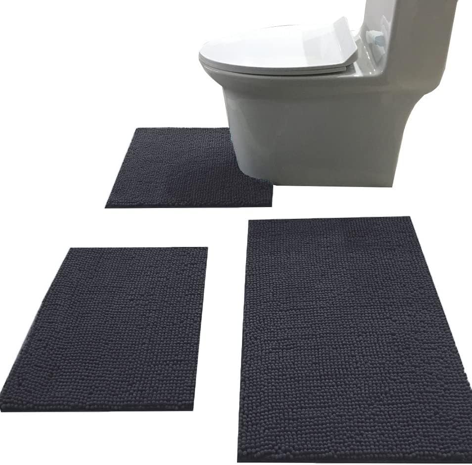 Madeals Bath Rug Set Combo 4 Piece with Toilet Lid Cover, Soft Shaggy Bath Rug Set 3 Piece and U-Shaped Toilet Floor Rug Navy Blue