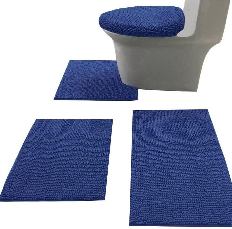 Madeals Bath Rug Set Combo 4 Piece with Toilet Lid Cover, Soft Shaggy Bath Rug Set 3 Piece and U-Shaped Toilet Floor Rug Navy Blue