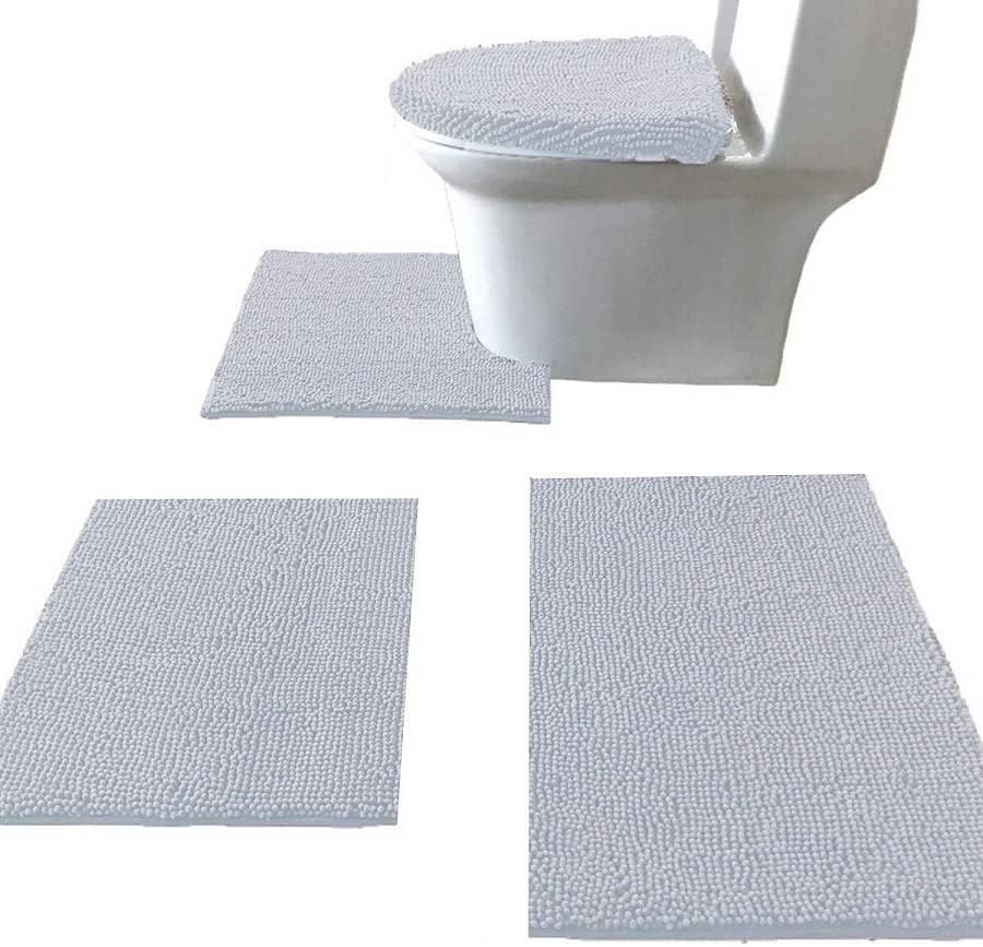 Madeals Bath Rug Set Combo 4 Piece with Toilet Lid Cover, Soft Shaggy Bath Rug Set 3 Piece and U-Shaped Toilet Floor Rug Navy Blue