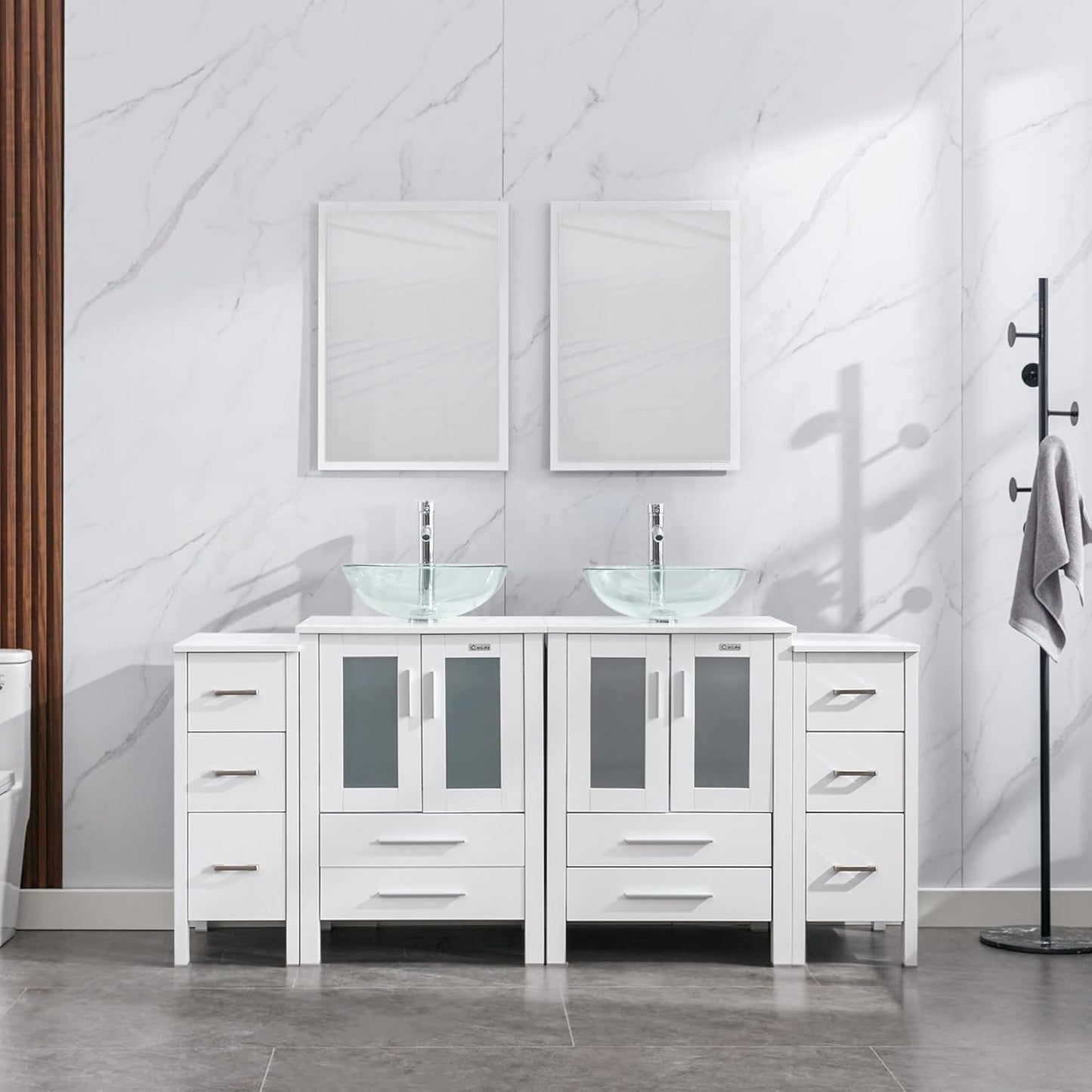 eclife 72" Modern Bathroom Vanity Sink Combo Freestanding Cabinet with Small Side Cabinet, Blue Boat Glass Vessel Sink, Water Save Faucet, Drain (Black+A29BU)