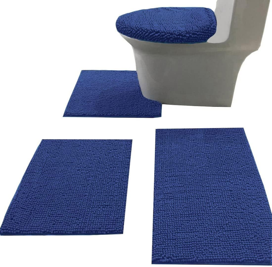 Madeals Bath Rug Set Combo 4 Piece with Toilet Lid Cover, Soft Shaggy Bath Rug Set 3 Piece and U-Shaped Toilet Floor Rug Navy Blue
