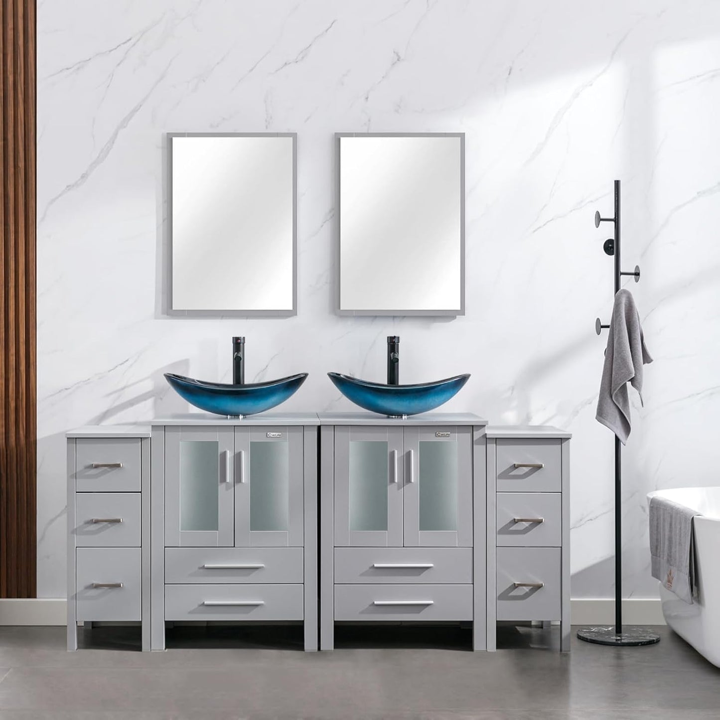 eclife 72" Modern Bathroom Vanity Sink Combo Freestanding Cabinet with Small Side Cabinet, Blue Boat Glass Vessel Sink, Water Save Faucet, Drain (Black+A29BU)