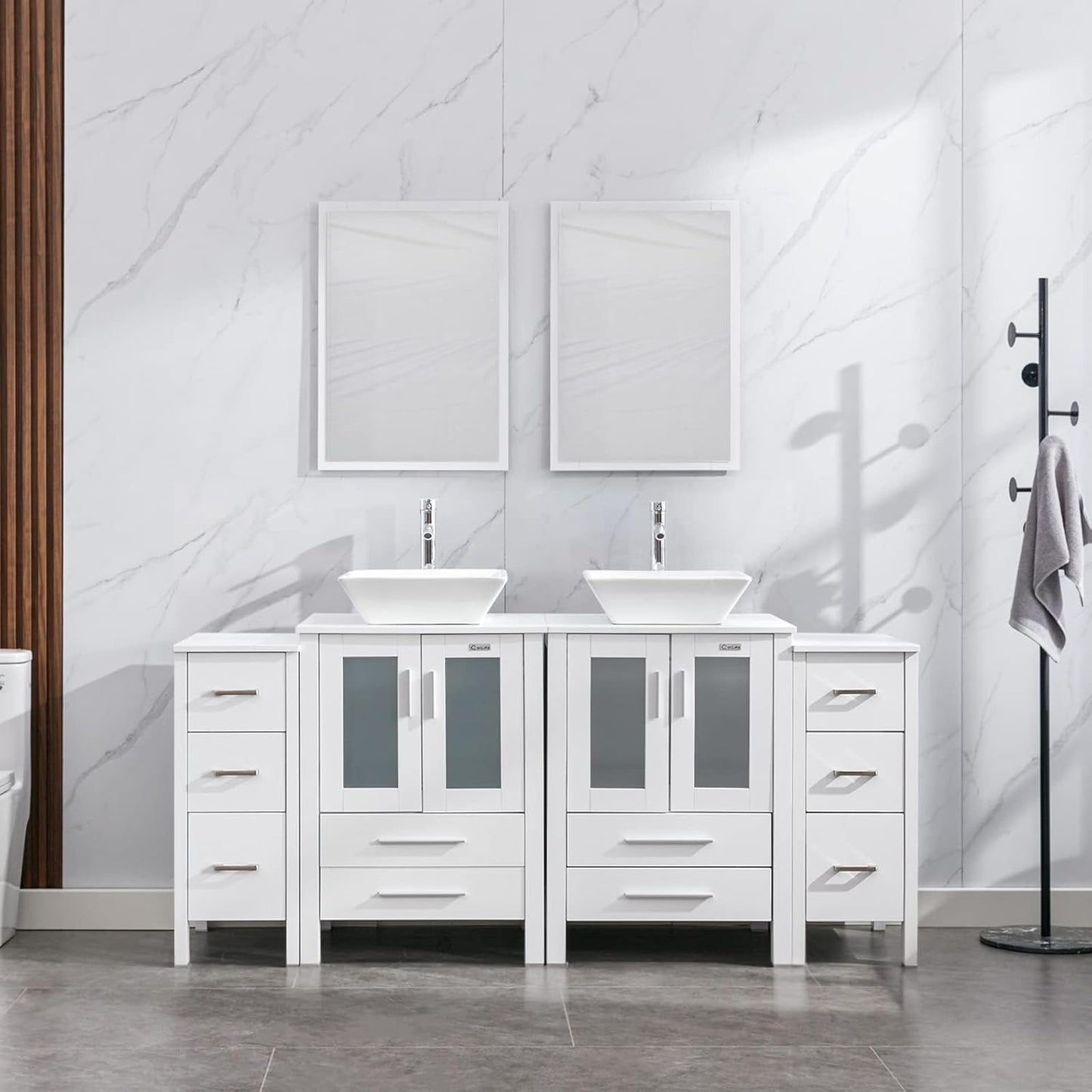 eclife 72" Modern Bathroom Vanity Sink Combo Freestanding Cabinet with Small Side Cabinet, Blue Boat Glass Vessel Sink, Water Save Faucet, Drain (Black+A29BU)