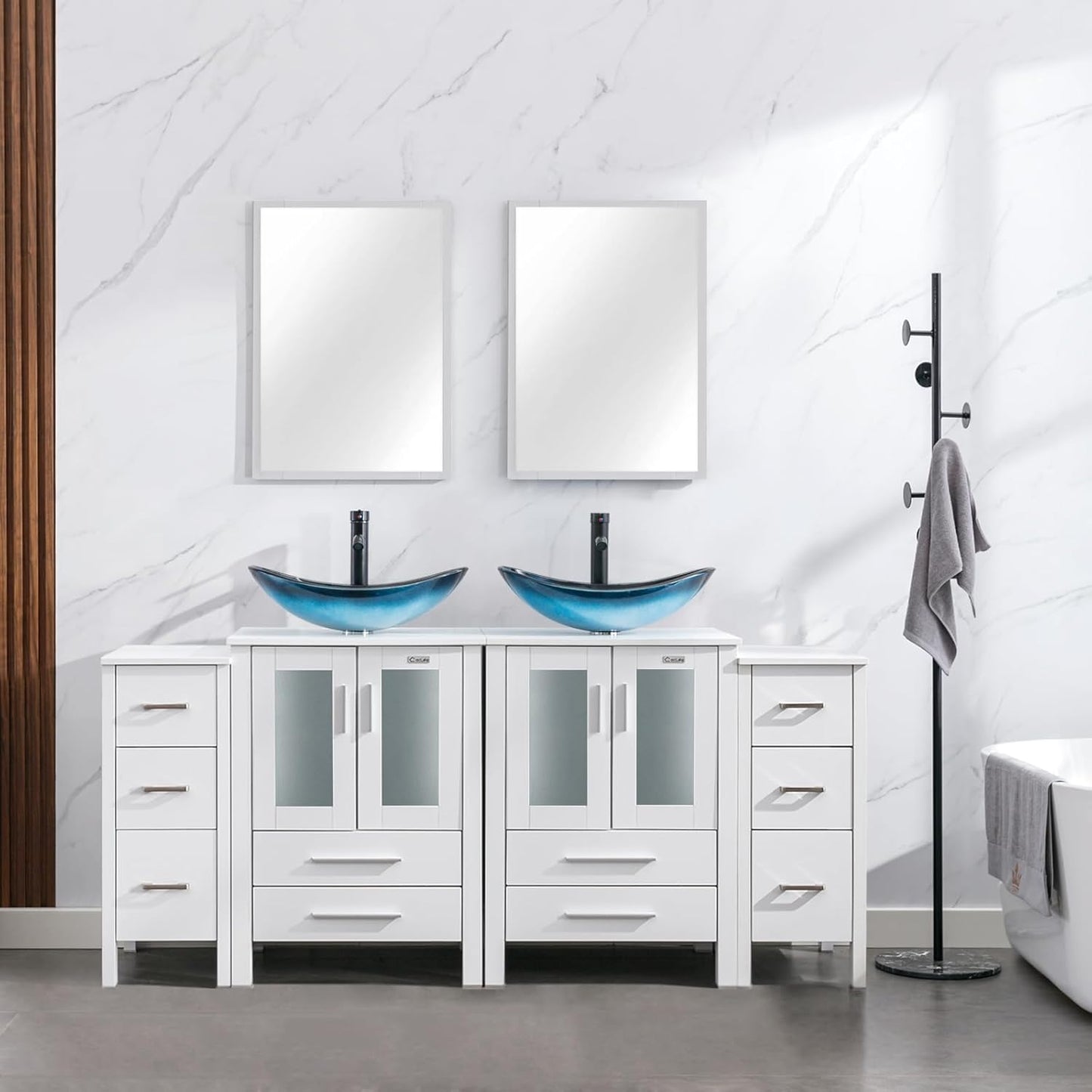 eclife 72" Modern Bathroom Vanity Sink Combo Freestanding Cabinet with Small Side Cabinet, Blue Boat Glass Vessel Sink, Water Save Faucet, Drain (Black+A29BU)