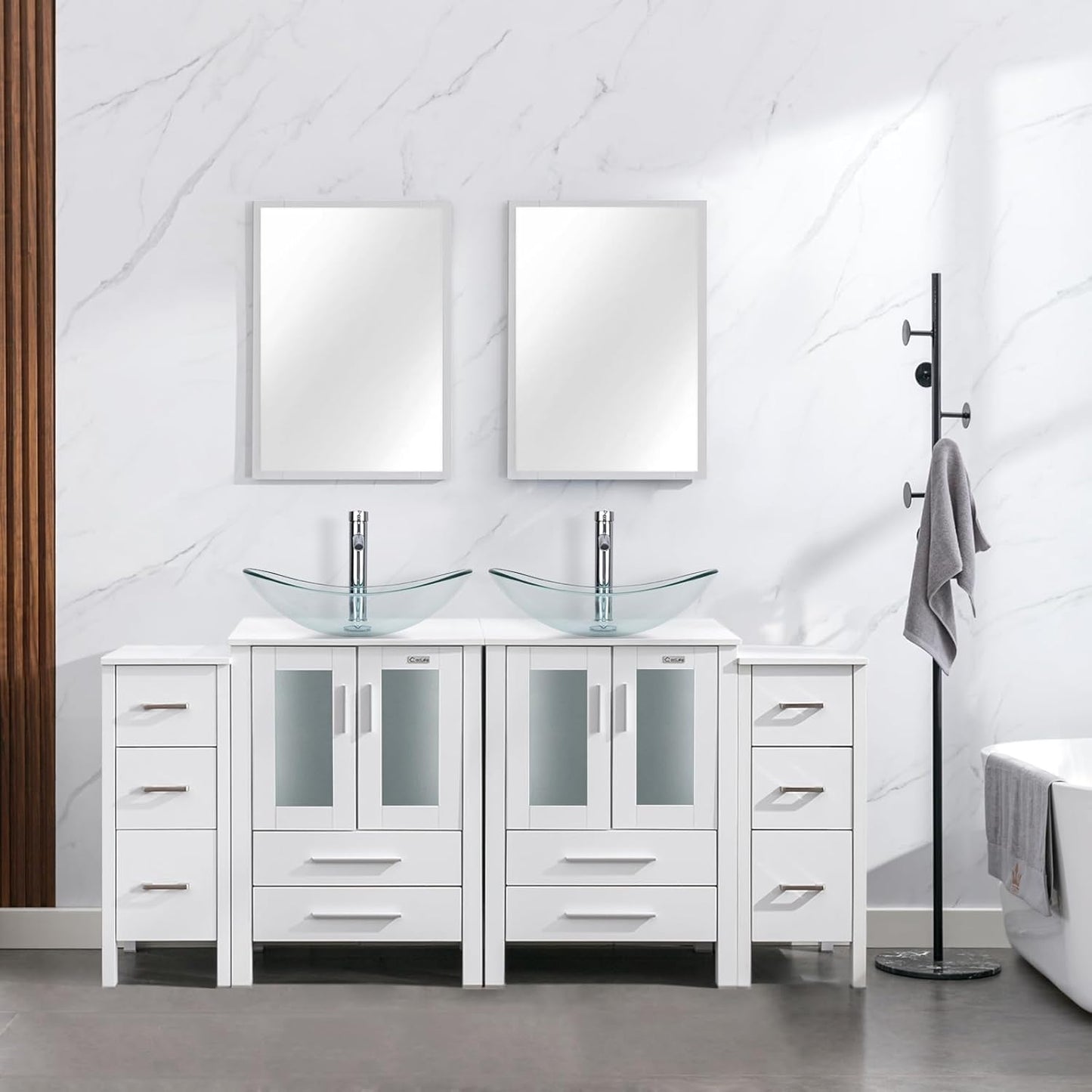 eclife 72" Modern Bathroom Vanity Sink Combo Freestanding Cabinet with Small Side Cabinet, Blue Boat Glass Vessel Sink, Water Save Faucet, Drain (Black+A29BU)