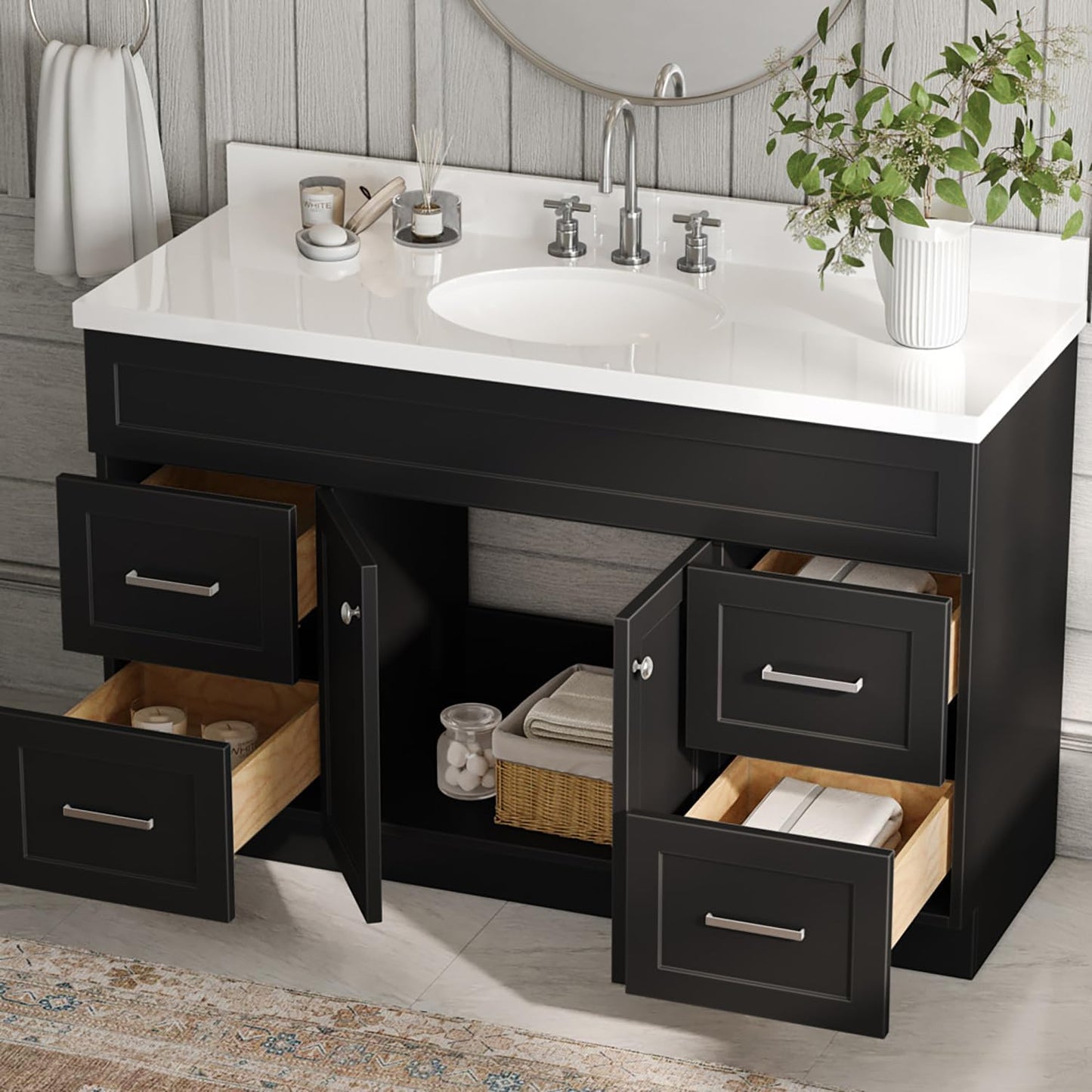 DKB Bradford Series 54" Inch Bathroom Base Cabinet in Black, Center Sink Configuration, Built in Toe Kick, 2 Soft Closing Doors, 4 Full Extension Dovetail Drawers