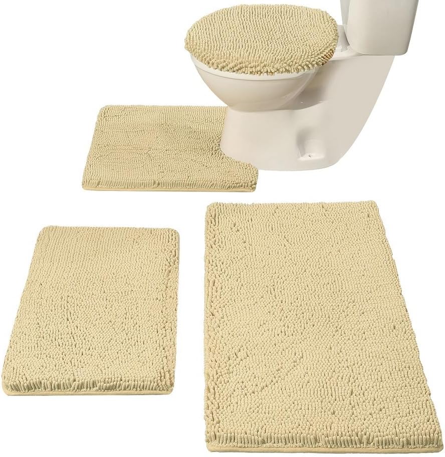 Madeals Bath Rug Set Combo 4 Piece with Toilet Lid Cover, Soft Shaggy Bath Rug Set 3 Piece and U-Shaped Toilet Floor Rug Navy Blue