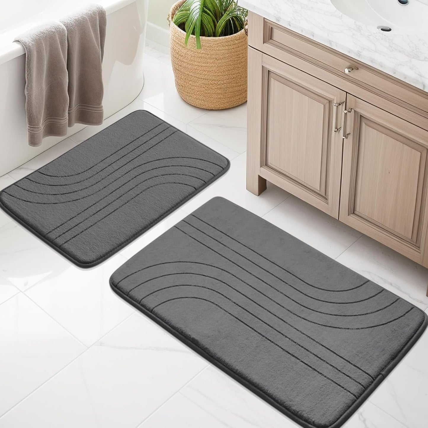 YIHOUSE Blue Bathroom Rug Set 5 Pieces, Soft Non Slip Memory Foam Bath Mats, Extra Thick Bath Mats for Bathroom, Machine Washable Bath Rugs Set for Tub, Toilet and Floor