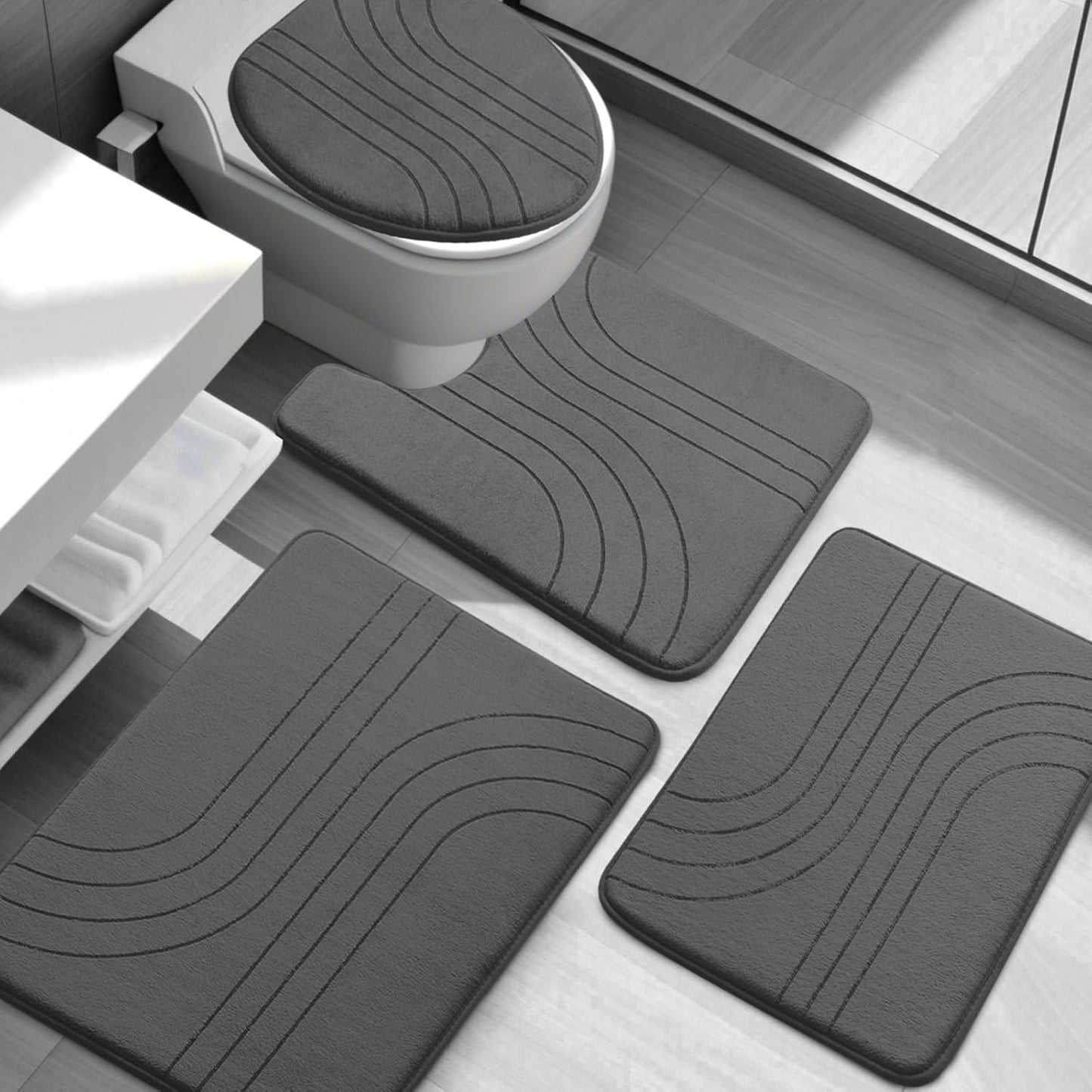 YIHOUSE Blue Bathroom Rug Set 5 Pieces, Soft Non Slip Memory Foam Bath Mats, Extra Thick Bath Mats for Bathroom, Machine Washable Bath Rugs Set for Tub, Toilet and Floor