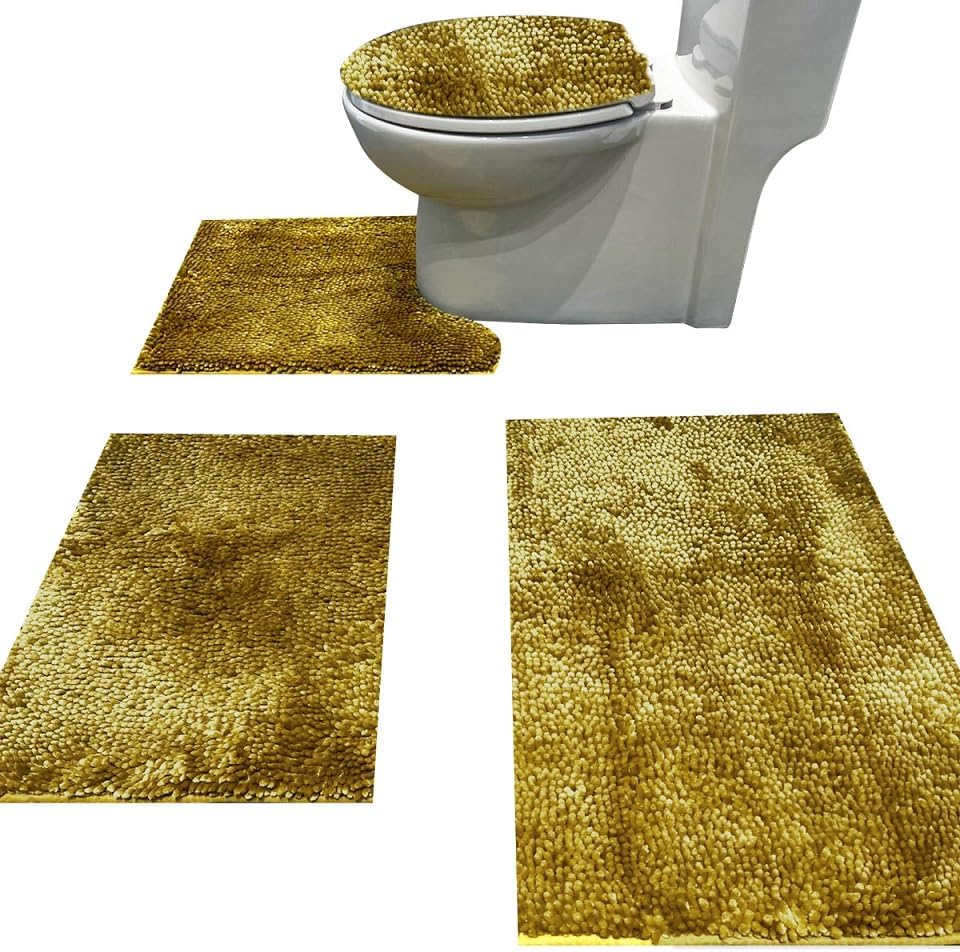 Madeals Bath Rug Set Combo 4 Piece with Toilet Lid Cover, Soft Shaggy Bath Rug Set 3 Piece and U-Shaped Toilet Floor Rug Navy Blue