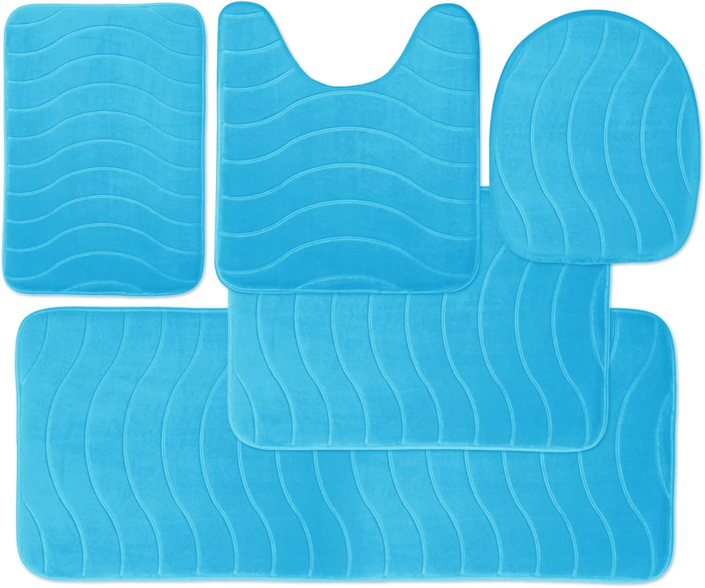 5-Piece Bathroom Rug Set - Memory Foam, Non-Slip, Machine Washable, Quick-Drying, Aqua Teal