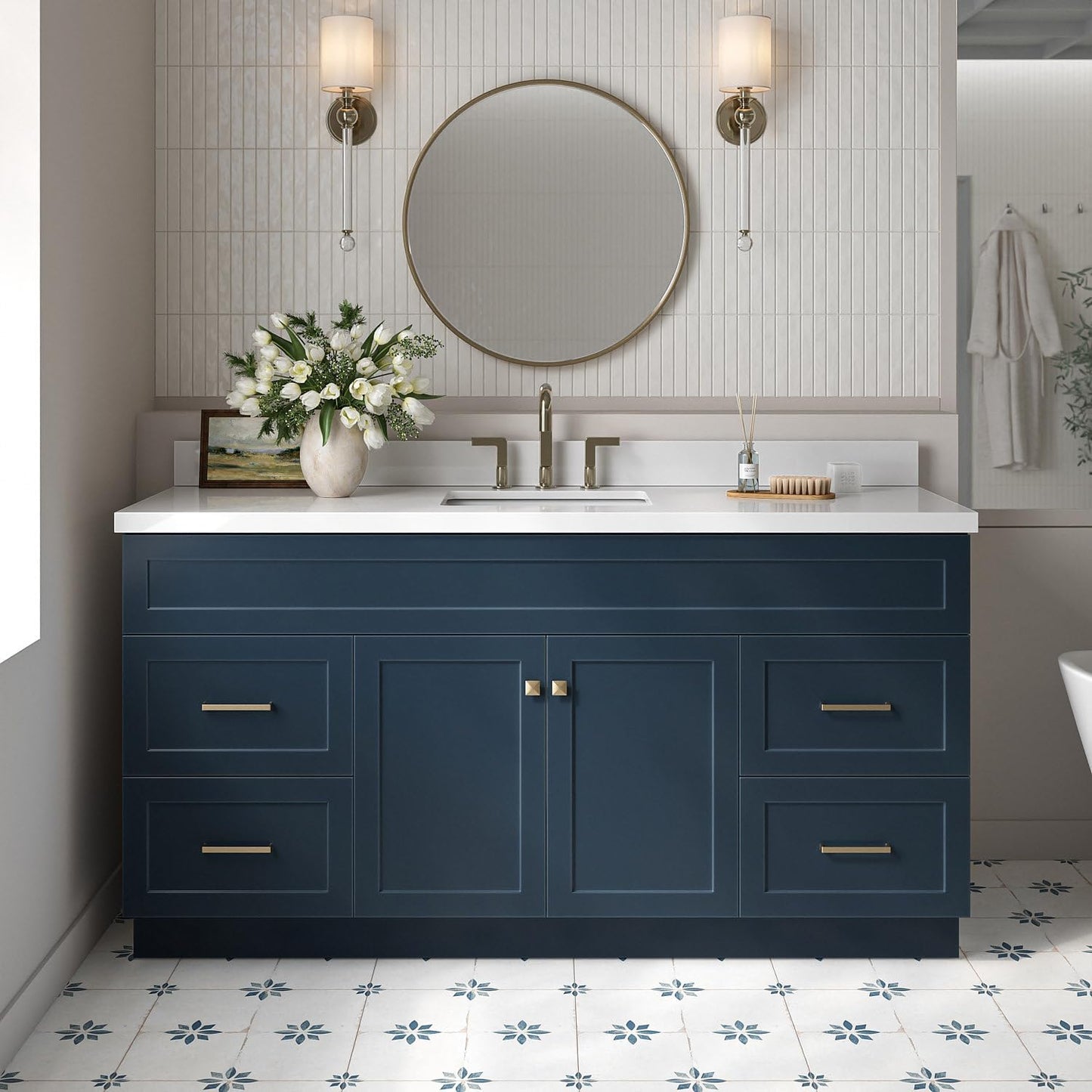 ARIEL Hamlet 43 Inch Single Sink Bathroom Vanity in White, 1.5" Edge Quartz Top, Solid Wood, Rectangular Sink, 2 Soft Closing Doors, 4 Full Extension Dovetail Drawers, Toe Kick