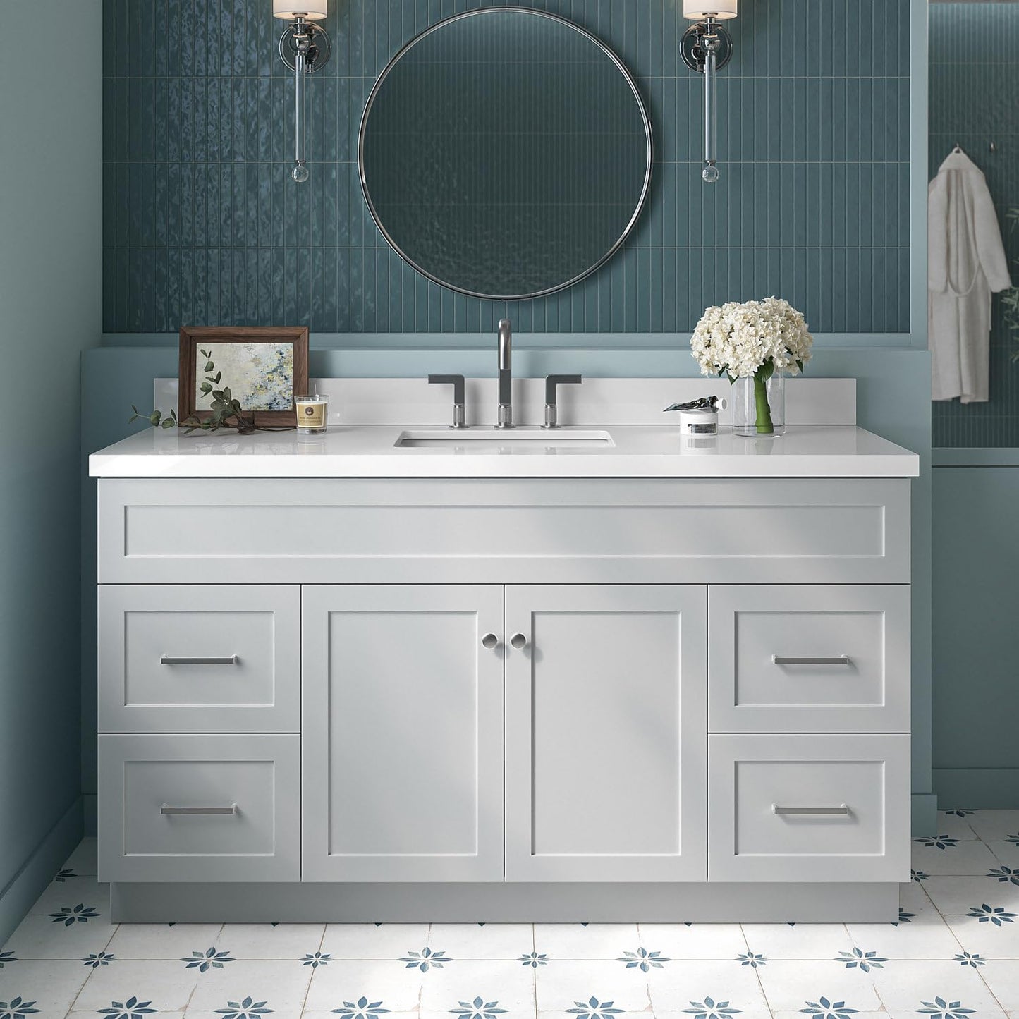 ARIEL Hamlet 43 Inch Single Sink Bathroom Vanity in White, 1.5" Edge Quartz Top, Solid Wood, Rectangular Sink, 2 Soft Closing Doors, 4 Full Extension Dovetail Drawers, Toe Kick