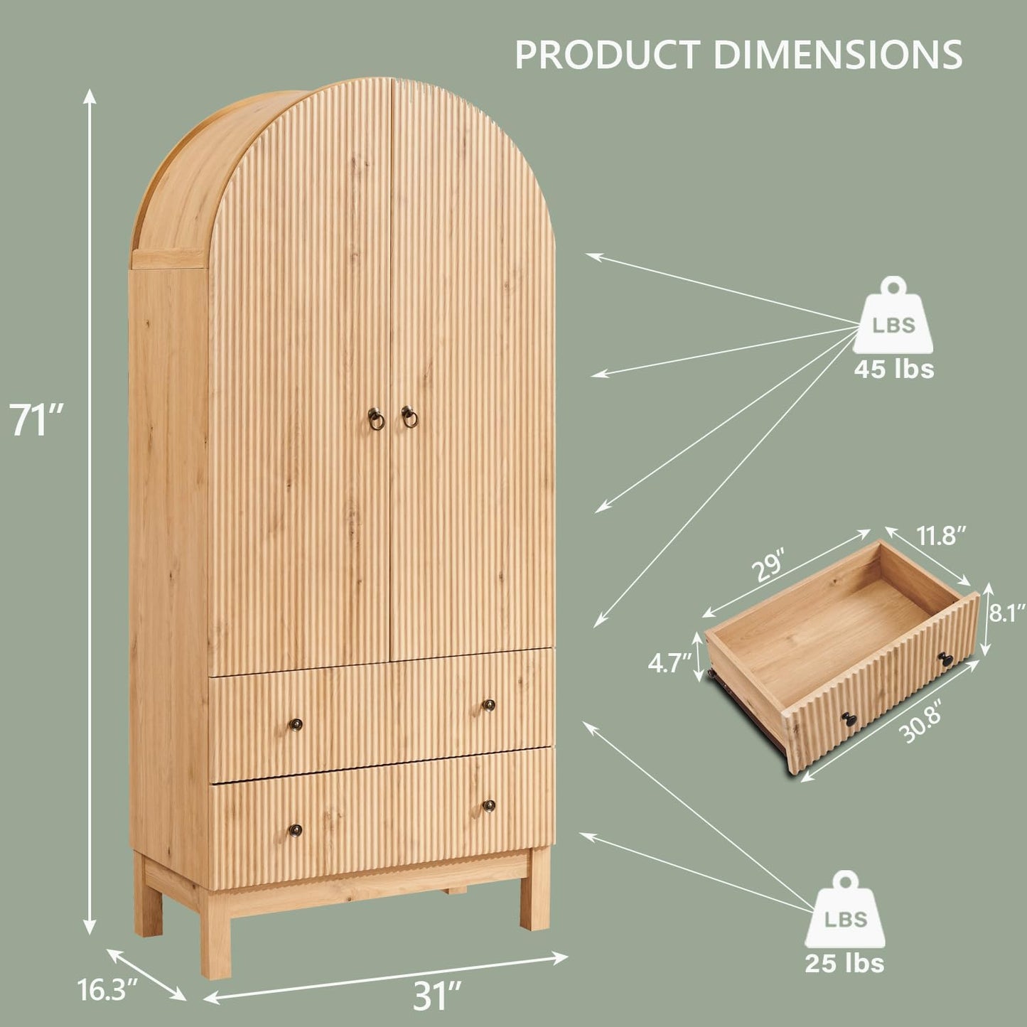 71" Tall Arched Bathroom Storage Cabinet, Modern Fluted Cabinet Storage with 4 Shlves and 2 Drawers, Floor Cabinet for Bathroom, Living Room, Kitchen, Natural