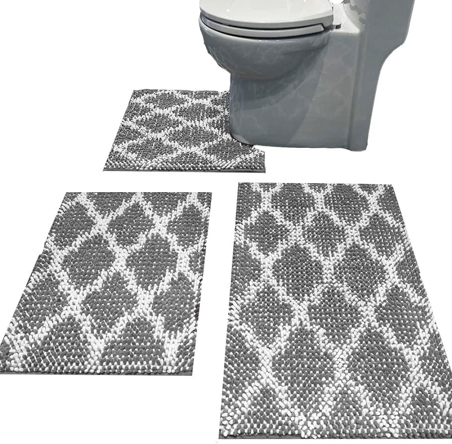 Madeals Bath Rug Set Combo 4 Piece with Toilet Lid Cover, Soft Shaggy Bath Rug Set 3 Piece and U-Shaped Toilet Floor Rug Navy Blue