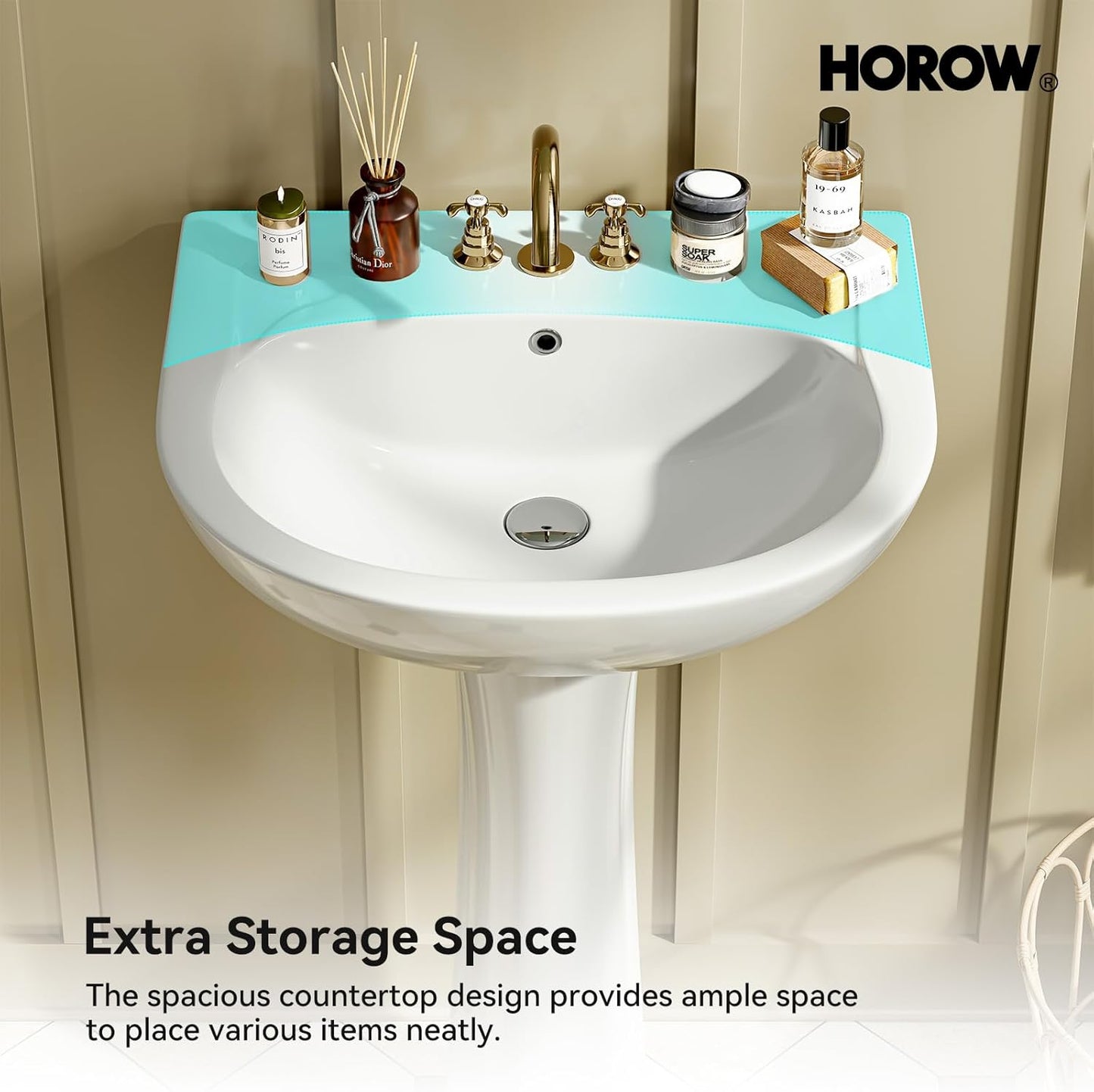 HOROW 22"W x 19"D U-Shape Pedestal Sink, White Ceramic Pedestal Bathroom Sink with Overflow and 3 Pre-Drilled Holes, Modern Bath Pedestal Sink Combo
