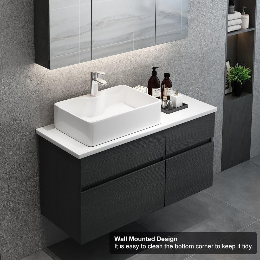 31'' Bathroom Vanity Floating Bathroom Sink Cabinet with Ceramic Vessel Sink Black & White Wall Mounted Floating Vanity