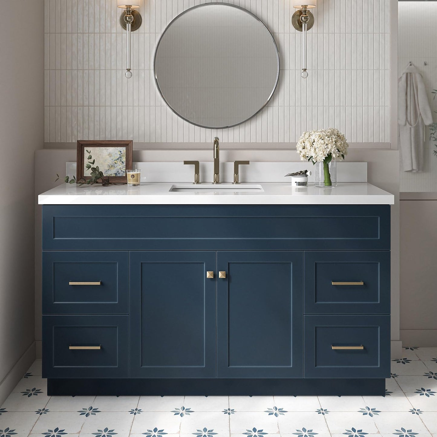 ARIEL Hamlet 43 Inch Single Sink Bathroom Vanity in White, 1.5" Edge Quartz Top, Solid Wood, Rectangular Sink, 2 Soft Closing Doors, 4 Full Extension Dovetail Drawers, Toe Kick