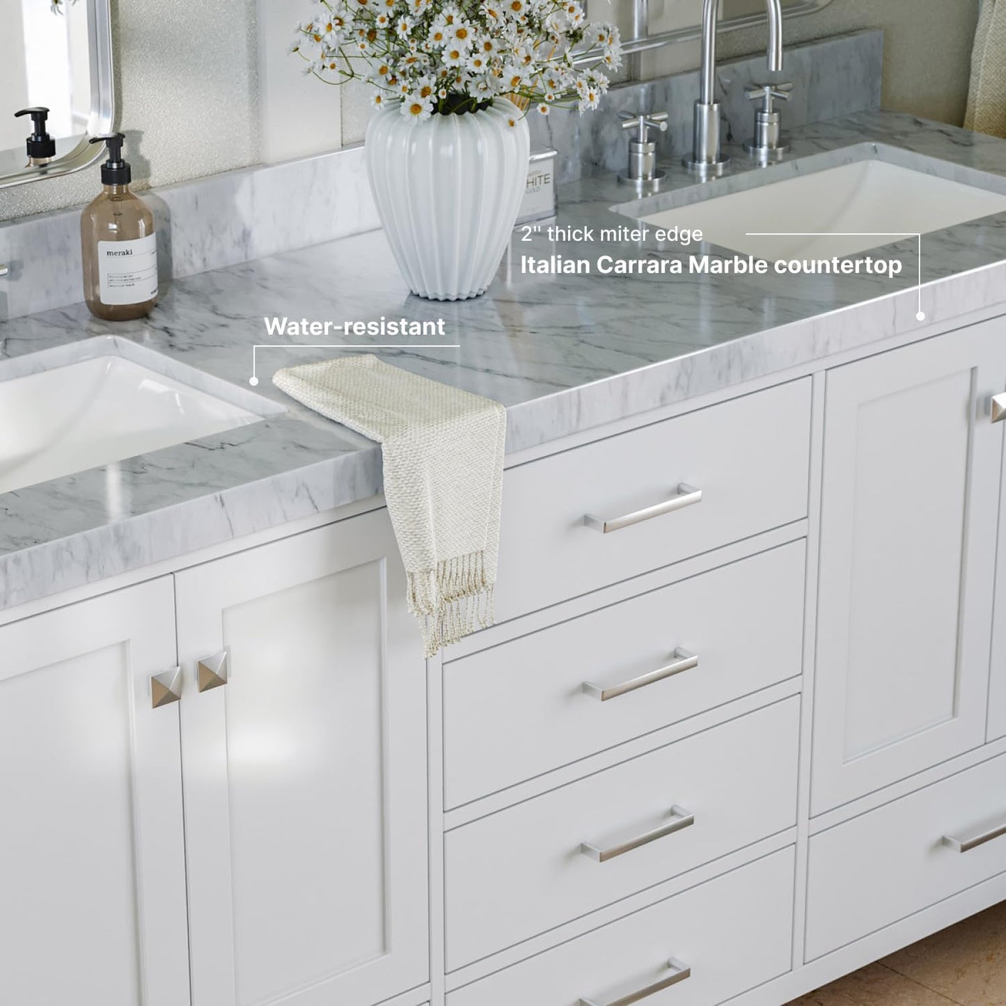 ARIEL 72" White Double Vanity, 2" Edge Italian Carrara Marble Countertop & Splash, Rectangular Sinks, 4 Soft Closing Doors, 6 Full Extension Dovetail Drawers, Brushed Nickel