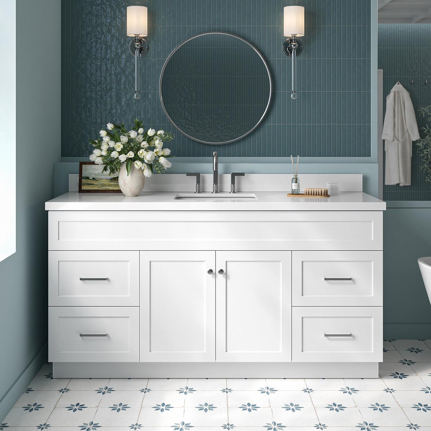 ARIEL Hamlet 43 Inch Single Sink Bathroom Vanity in White, 1.5" Edge Quartz Top, Solid Wood, Rectangular Sink, 2 Soft Closing Doors, 4 Full Extension Dovetail Drawers, Toe Kick
