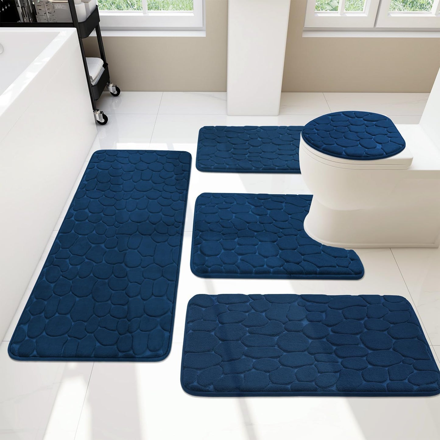 YIHOUSE Bathroom Rugs Set, 5 Piece Cobblestone Memory Foam Mats, Extra Thick Non Slip, Water Absorbent, Washable Teal Bath Rugs for Tub, Toilet and Floor