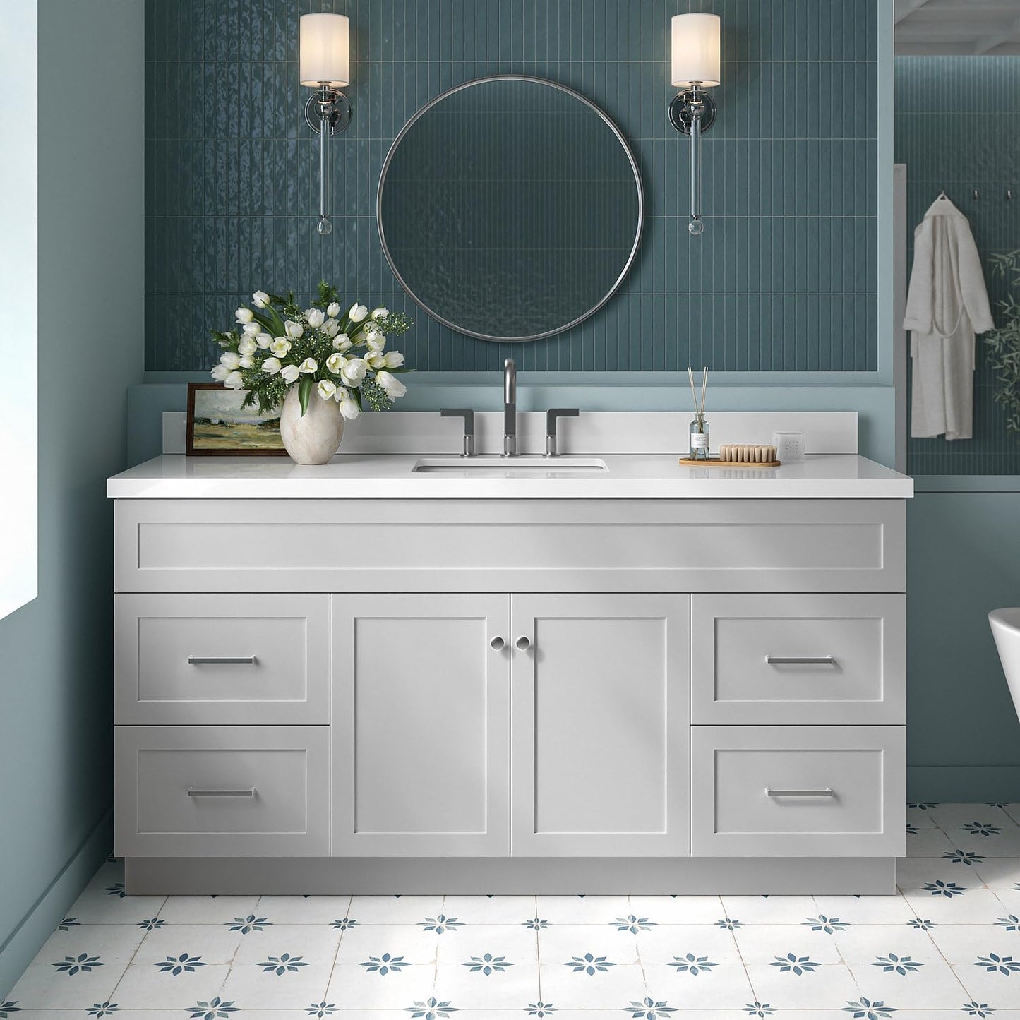 ARIEL Hamlet 43 Inch Single Sink Bathroom Vanity in White, 1.5" Edge Quartz Top, Solid Wood, Rectangular Sink, 2 Soft Closing Doors, 4 Full Extension Dovetail Drawers, Toe Kick