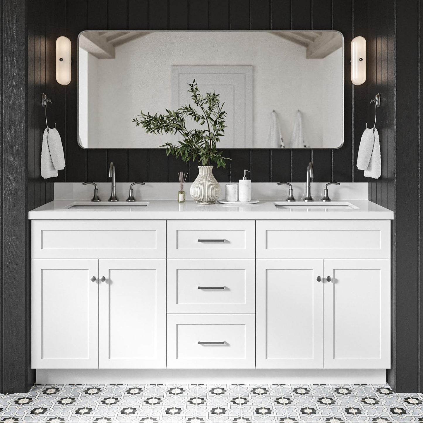 ARIEL Hamlet 43 Inch Single Sink Bathroom Vanity in White, 1.5" Edge Quartz Top, Solid Wood, Rectangular Sink, 2 Soft Closing Doors, 4 Full Extension Dovetail Drawers, Toe Kick
