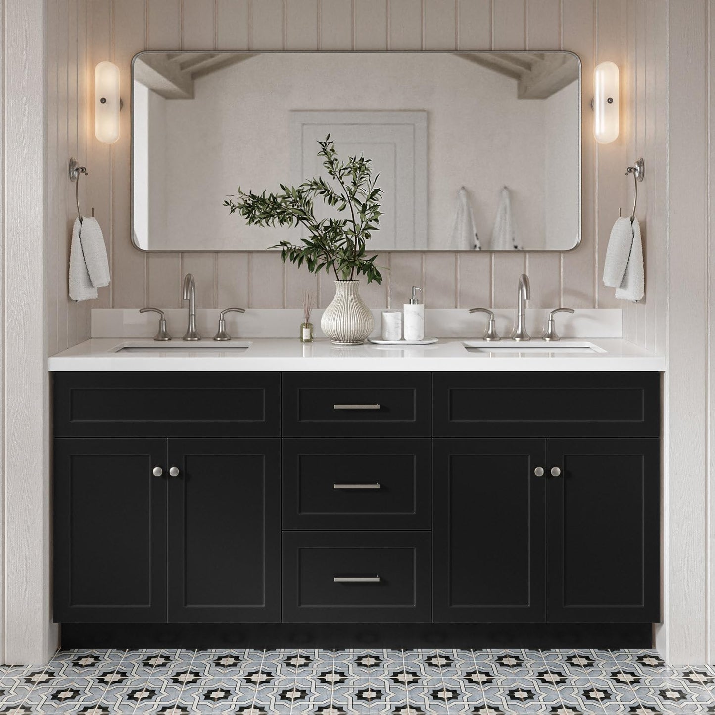 ARIEL Hamlet 43 Inch Single Sink Bathroom Vanity in White, 1.5" Edge Quartz Top, Solid Wood, Rectangular Sink, 2 Soft Closing Doors, 4 Full Extension Dovetail Drawers, Toe Kick